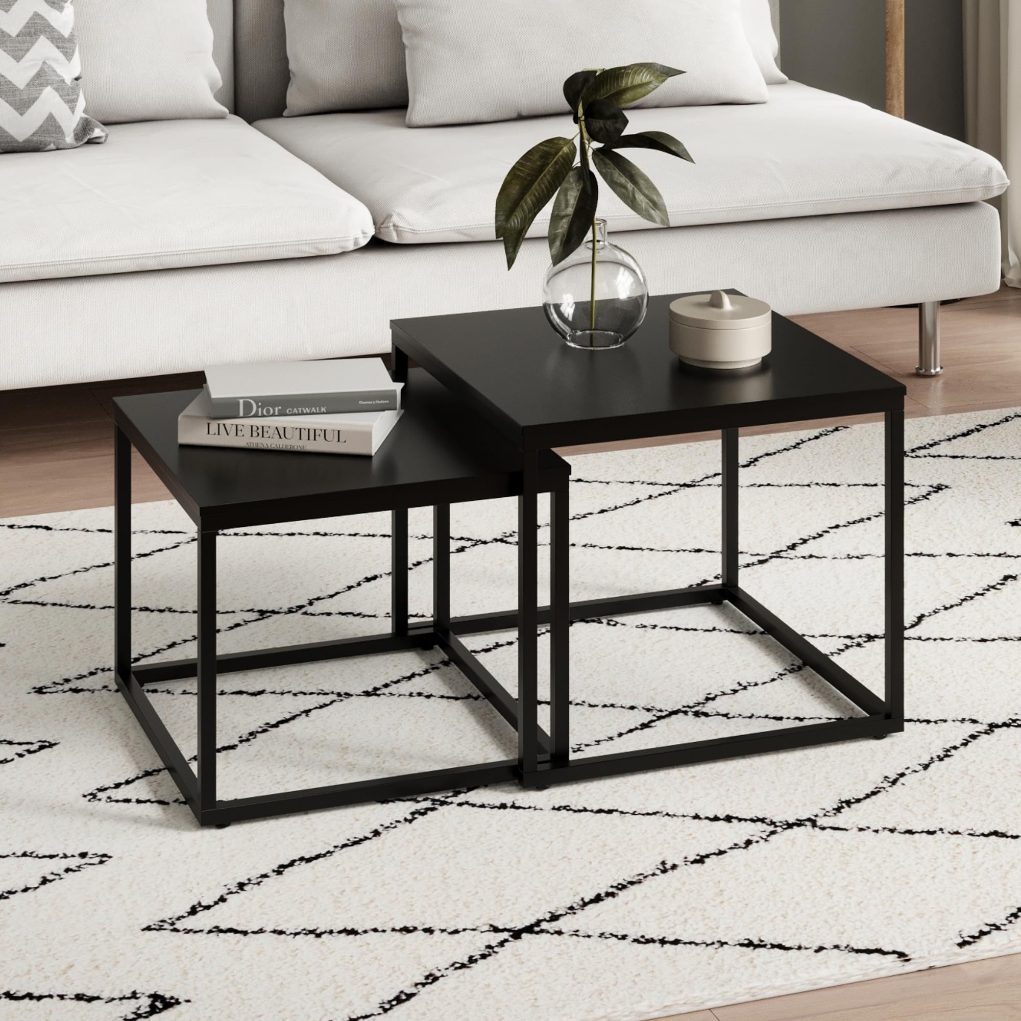 Home Collective Couchtisch 2er Set quadratisch aus Holz, Wohnzimmertisch Modern, Beistelltisch Set 2 in 1 mit Metallgestell für Wohnzimmer Büro Beistelltisch Loft Design Twin | Schwarz