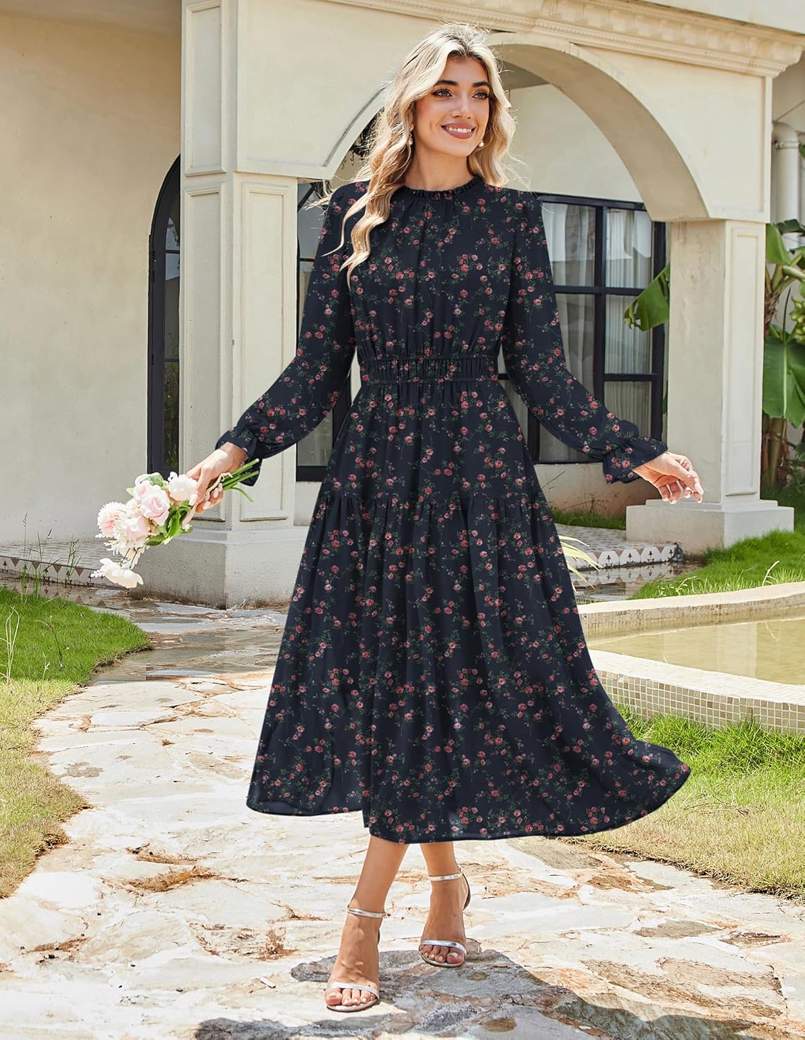 GRACE KARIN Women's Long Sleeve Maxi Dress 2026 Chiffon Flowy Wedding Guest Dresses Floral Dress with Pockets - Image 2