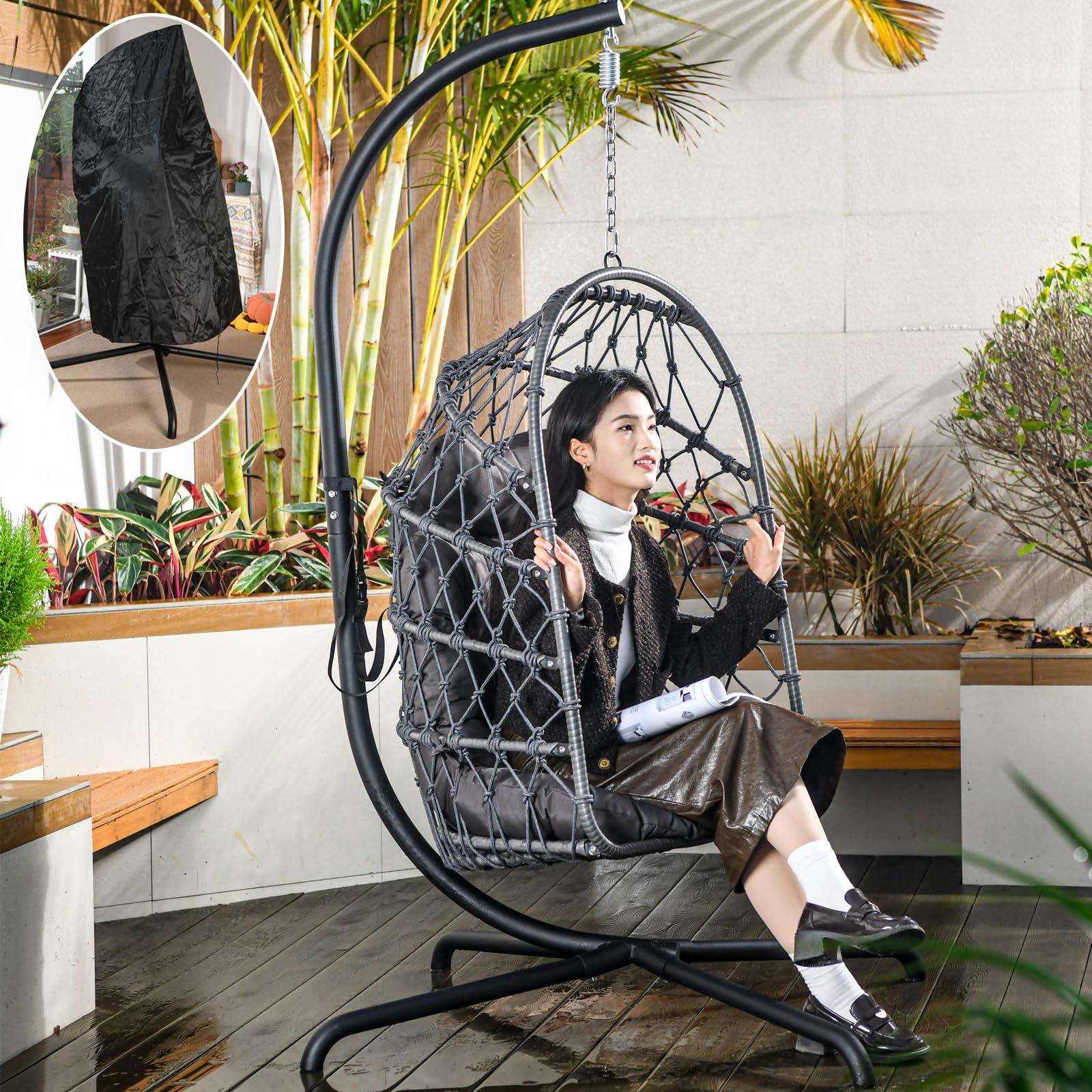 LKINBO Polyrattan Hängesessel mit Gestell Outdoor Indoor, Korb Hängestuhl Rattan Hanging Chair Wetterfest Hängeschaukel Gartenschaukel bis 195 kg, Dunkelgrau
