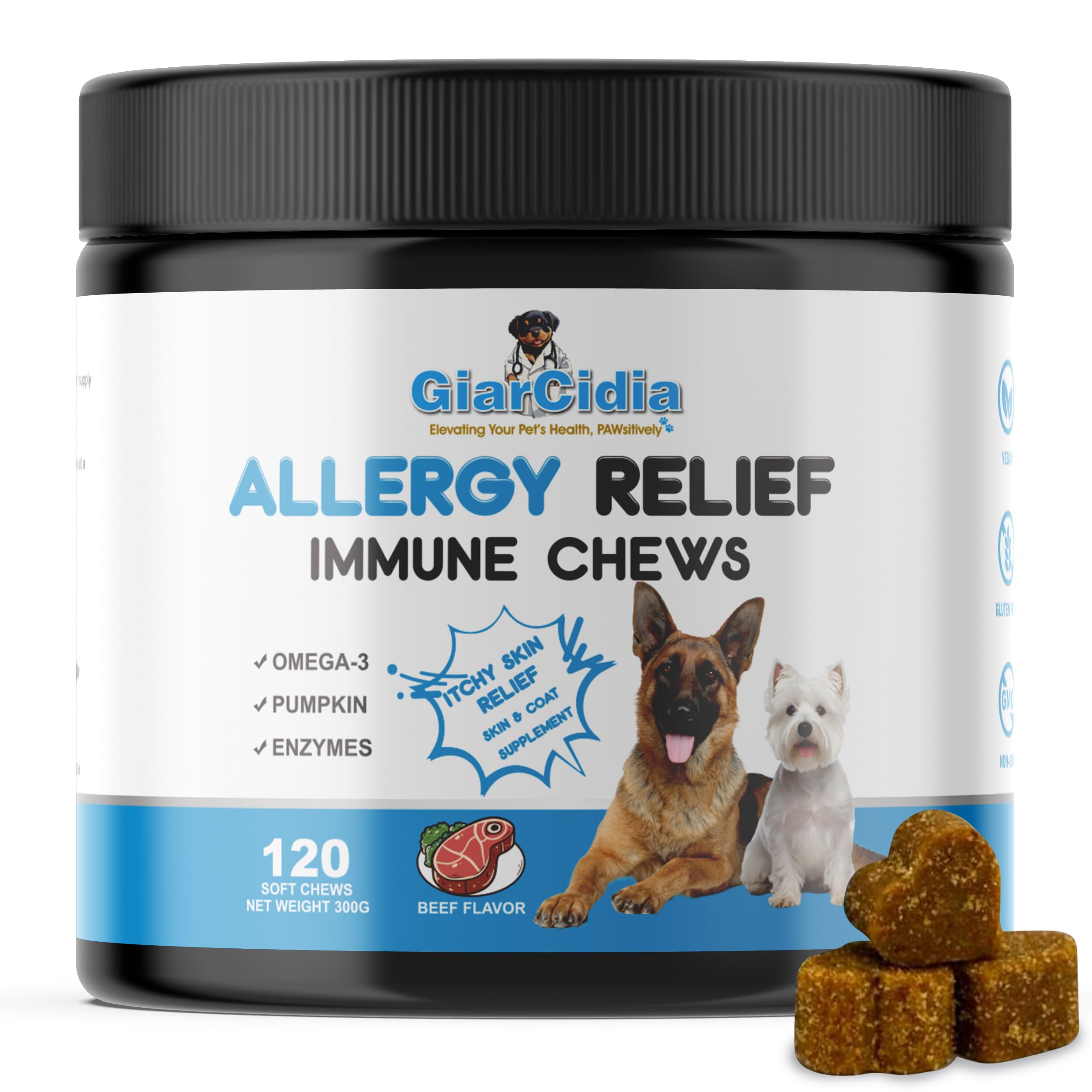 Giarcidia Allergy Relief & Immune Support Chews for Dogs – 90 Soft Chews, Chicken Flavor – Seasonal Itch, Skin, Paw Licking, Hot Spots – Dog Allergy
