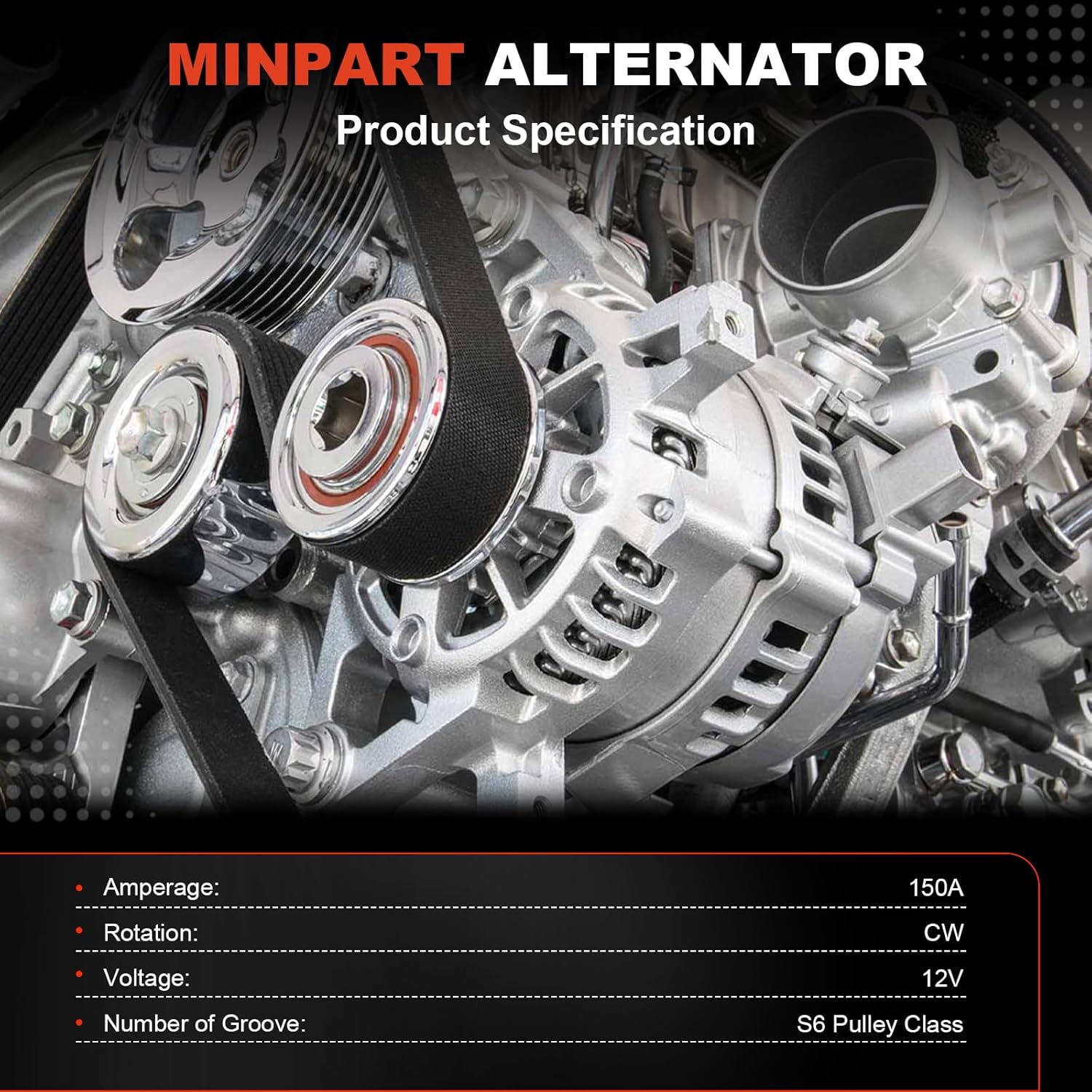 11369 New Alternator Replacement for Cadillac for CTS 2008 2009 V6 3.6L DOHC,12V 150A Clockwise 6-Groove Pulley, Replace for 104210-5390