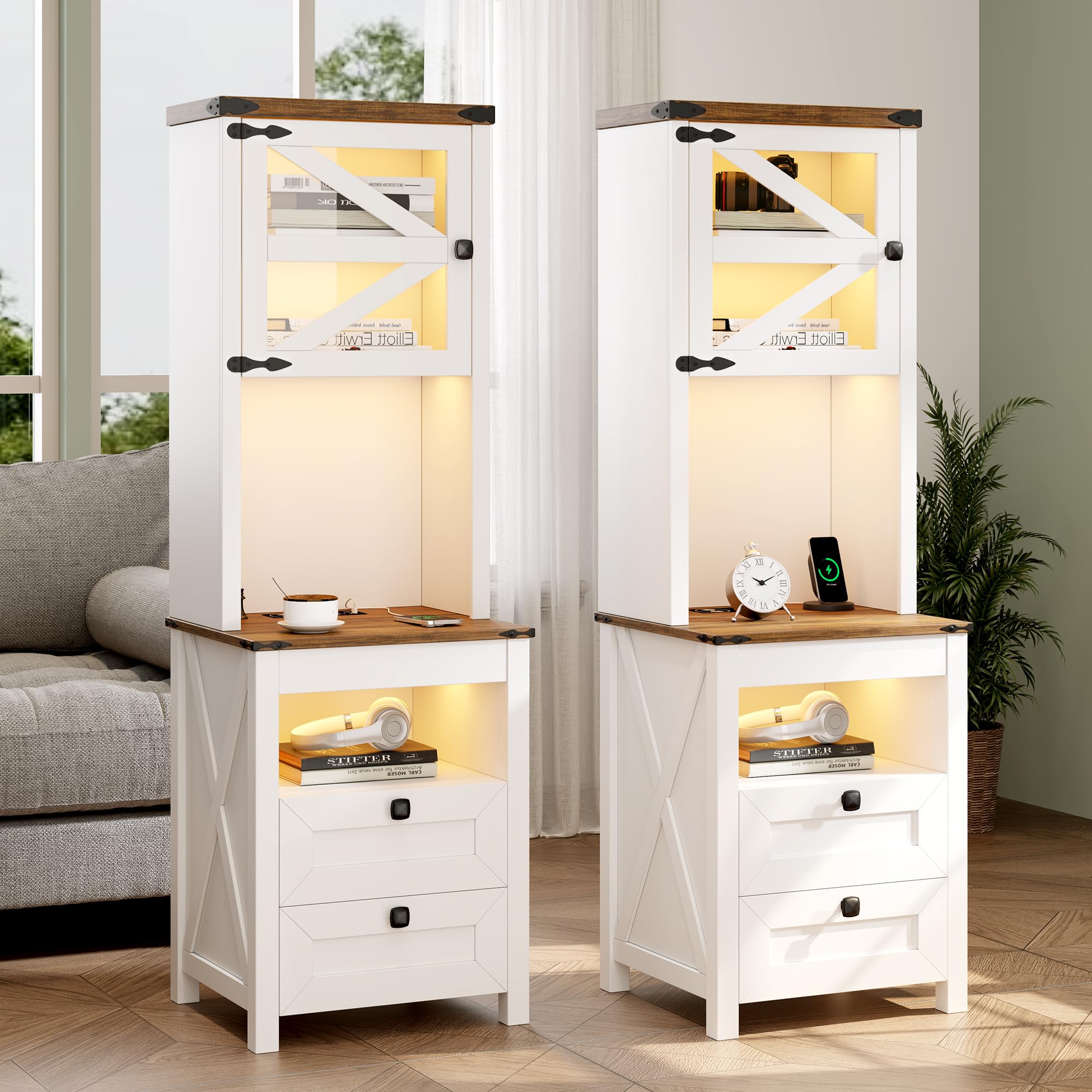 FREDEES Farmhouse Tall Night Stand Set 2, Bedside Table with Drawers & Adjustable Sheves, LED Nightstand with Gun Drawer, Smart End Table for Bedroom,