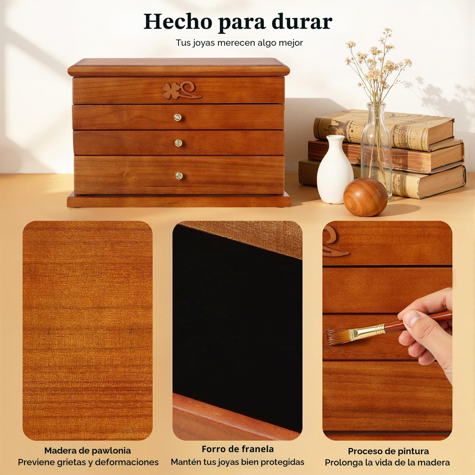 Joyero para mujer, joyero grande con 4 niveles, de madera, 31 x 19,3 x 19,7 cm, con asa para anillos, pendientes, collares, pulseras, etc
