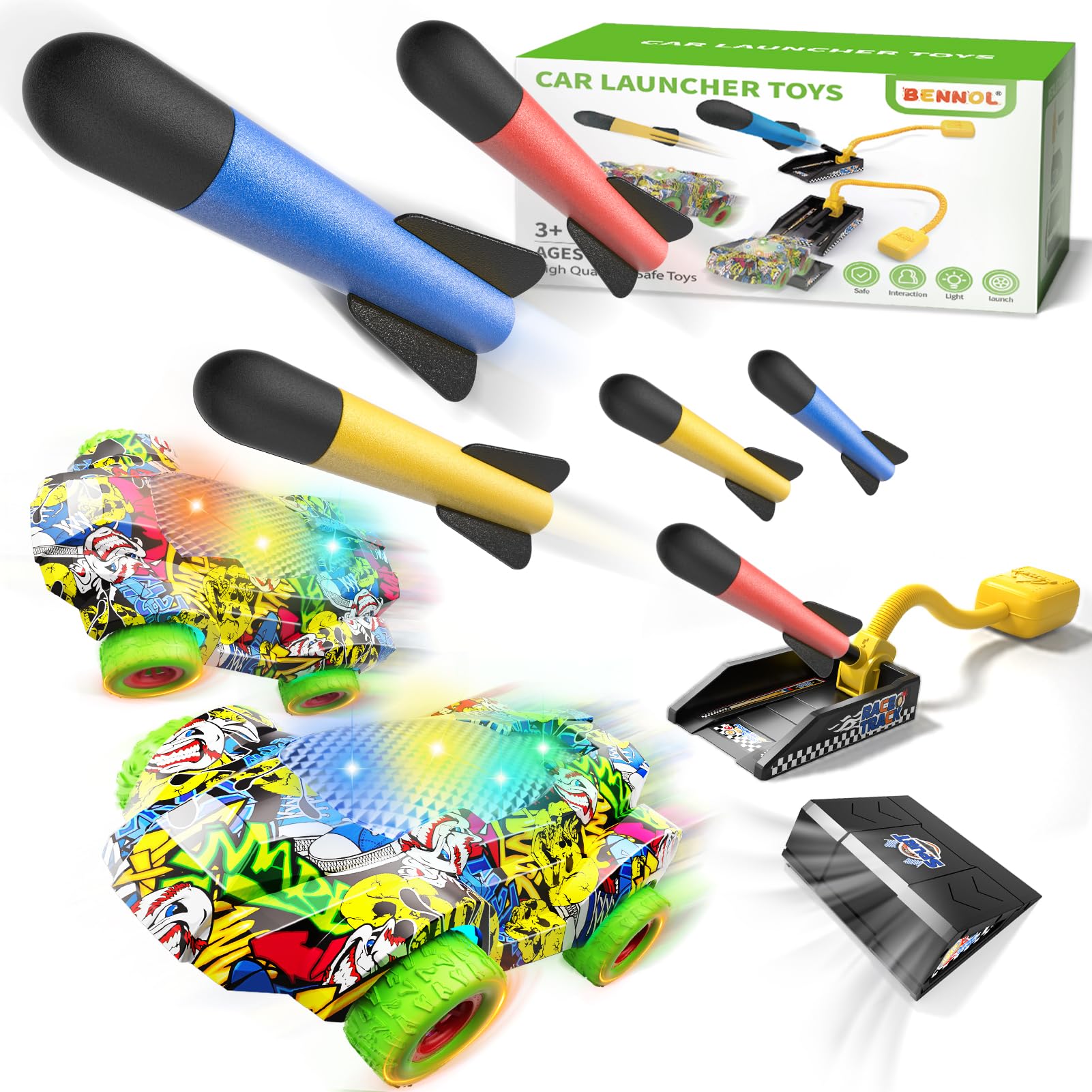 Bennol Toddler Outdoor Toys for 3 4 5 6 Year Old Boys, 6 Foam Rockets & 2 Cars, 1 Launcher Outdoor Outside Toys for Kids Toddlers Boys, 3 4 5 6 Year Old Boy Birthday Gifts, Boy Toys for Ages 3-5 4-6
