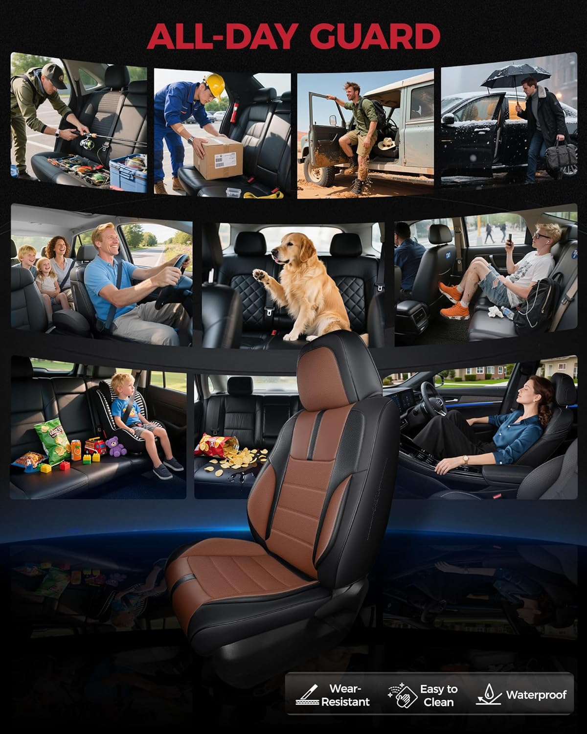 FREESOO Black Brown Car Seat Covers Full Set - Faux Nappa Leather Seat Covers for Cars, with Front Seatbelt Pads, Ultra Waterproof Cushion Protectors Fit for Most 5 Seats Sedans SUV Trucks Pick-ups