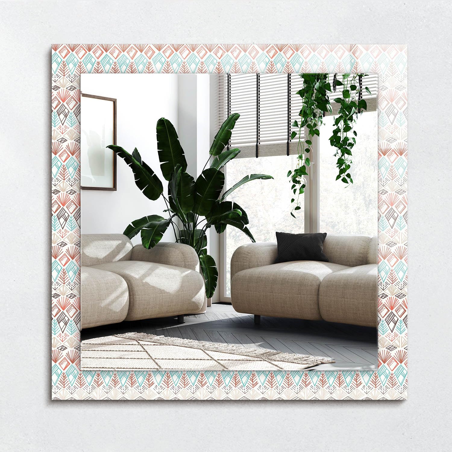Miroir sans cadre design moderne à motif géométrique coloré suspendu 60x60