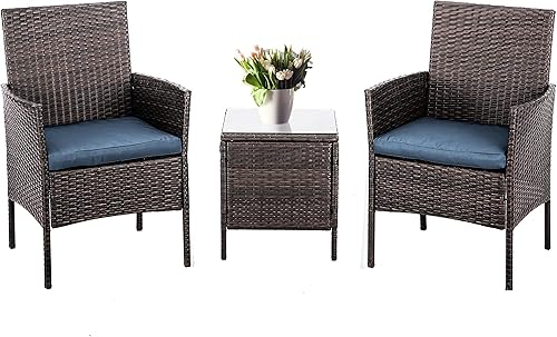 Pyramid Home Decor Alvino Patio Bistro Set de 3 piezas de muebles de mimbre al aire libre, moderna silla de conversación de jardín de ratán con