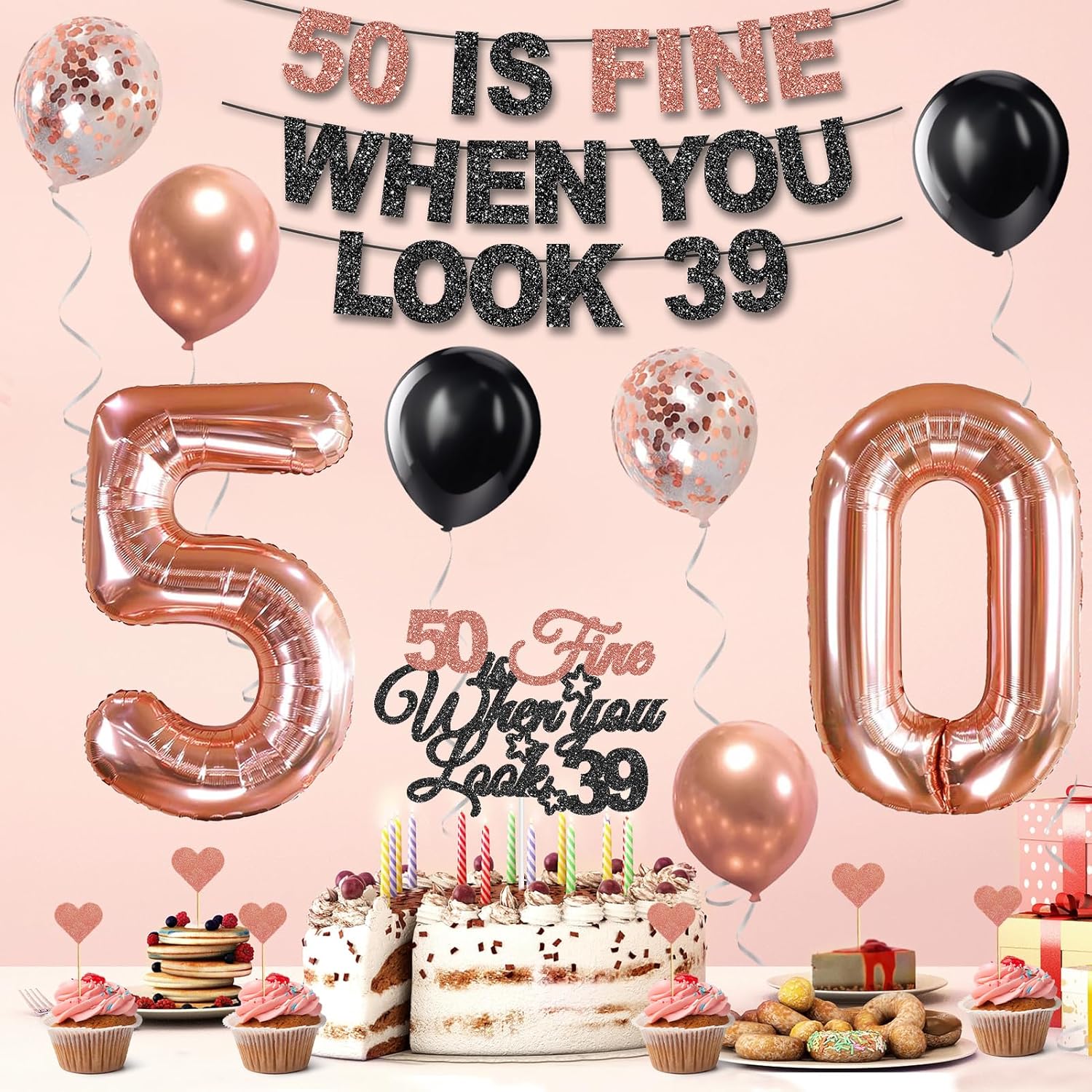 50th Birthday Decorations for Women, Pre-Strung 50 Is Fine When You Look 39 Banner, 50 Balloons Cake & Cupcake Toppers Party Supplies Kit, 50 Year Old Birthday Party Decorations - Image 5