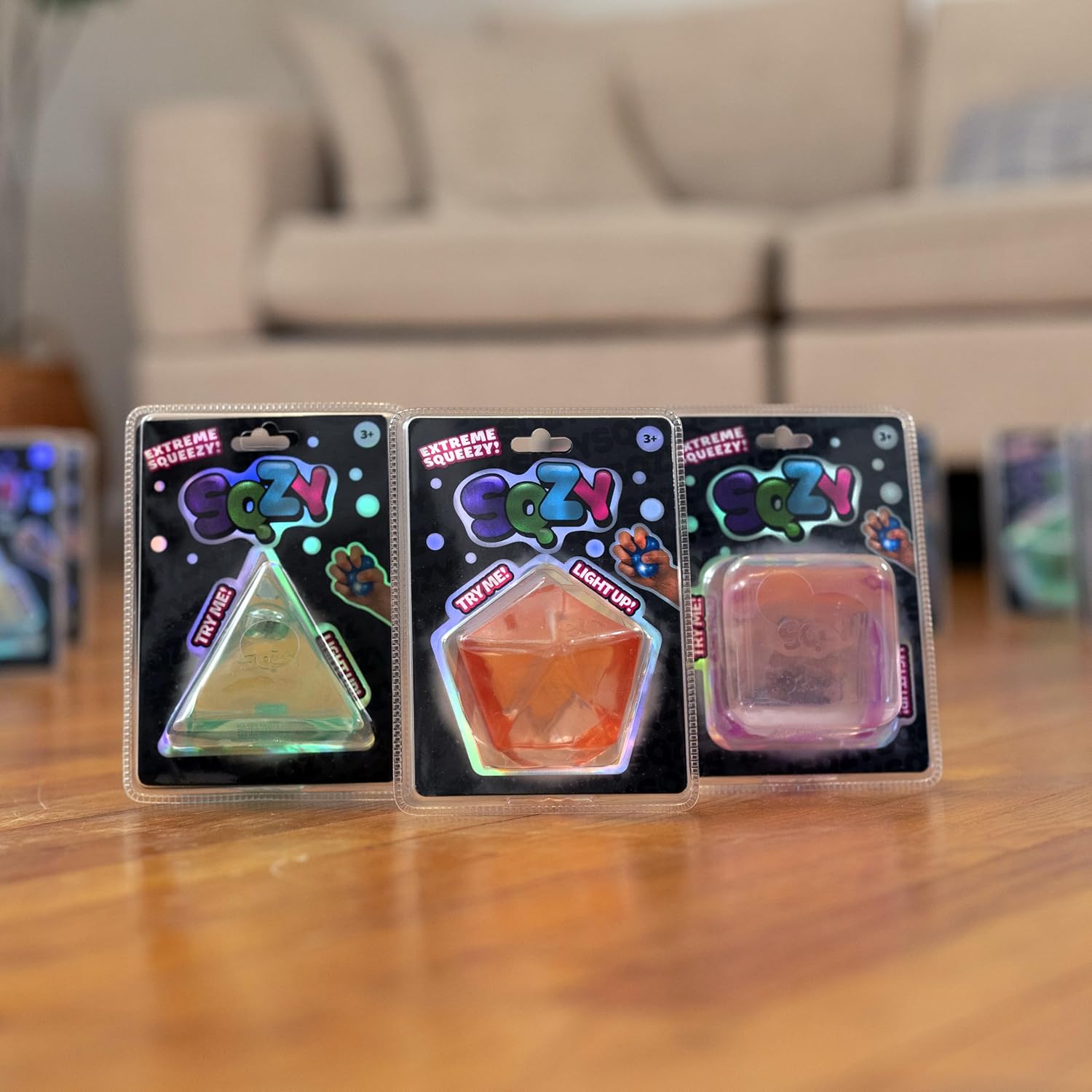 SQZY Light Up Squishy Gel Gems 3 Pack Fidget Toy, Solid Gel Stress Toy, Receive One Each Pyramid, Cube and Decahedron, Colors May Vary