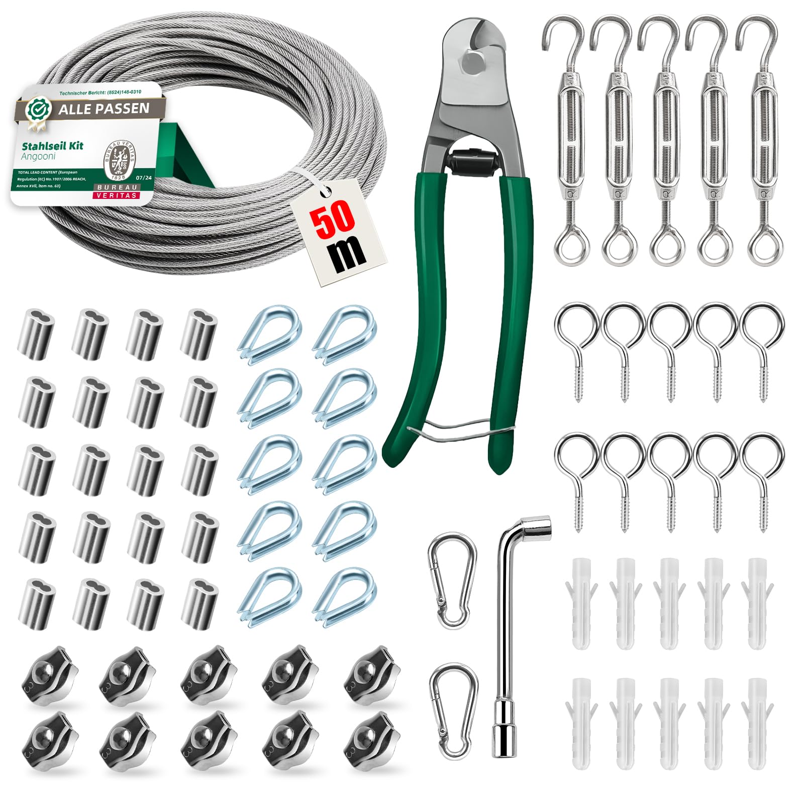Angooni Lot de 70 câbles en acier inoxydable 50 m épais de 3 mm avec câble en acier inoxydable gainé, tendeur de câble en acier inoxydable 304, kit de tuteur pour plantes grimpantes