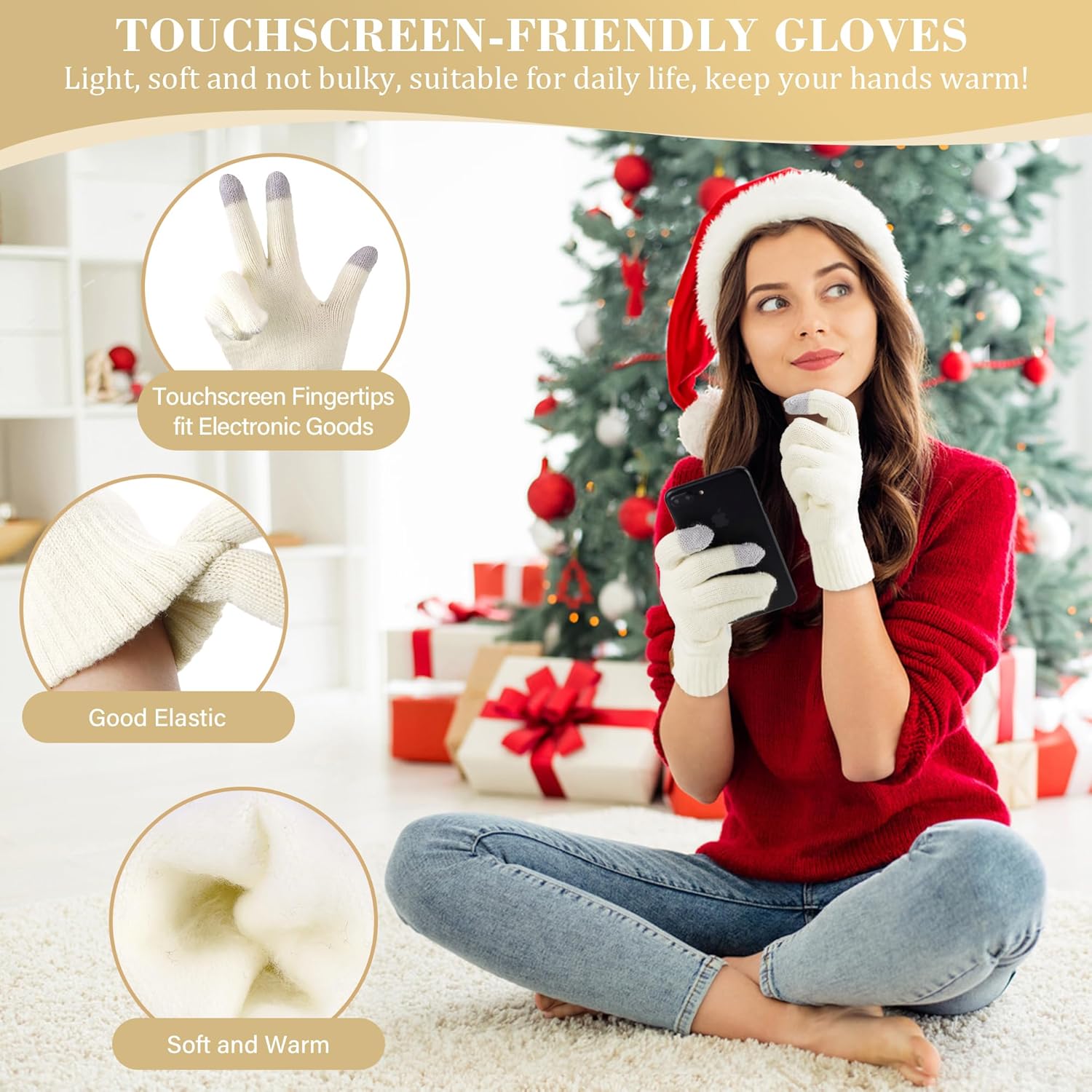 Womens Winter Beanie Hat Touchscreen Gloves Long Neck Scarf Set Warm Knit Caps with Pom Fleece Gifts for Women - Image 3