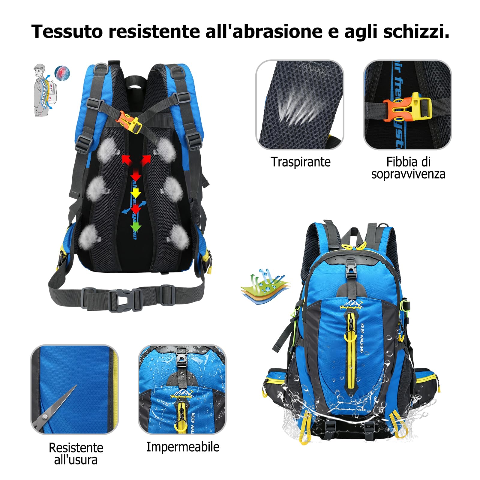 Zaino da Escursionismo 40L Zaino Giornaliero Traspirante Zaini Outdoor Impermeabile Backpack Resistente in Nylon per Campeggio Viaggi Rosso