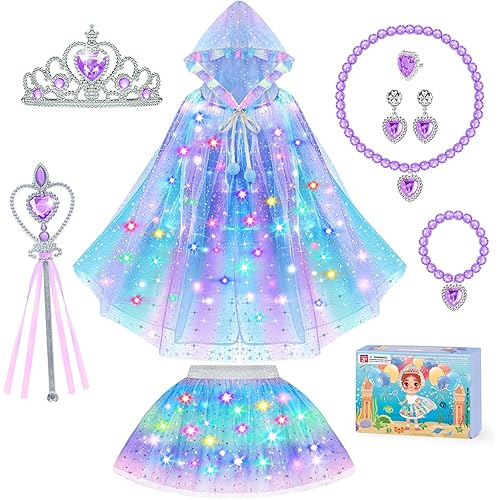 Princess Dress Up for Girls, Unicorn Light up Princess Cape Princess Dress Costume Crown Gift for Girls 3 4 5 6