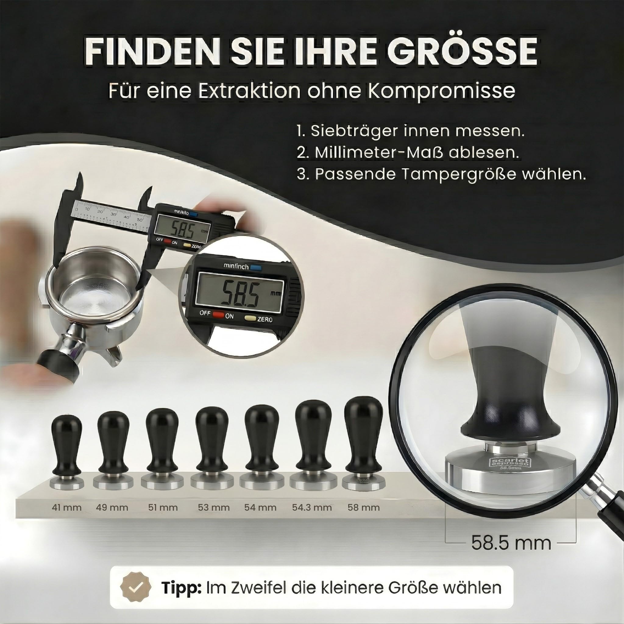 Scarlet espresso Tamper Perfetto - Pression de contact du tampon calibré à 15,8 kg - Poignée ergonomique pour porte-filtre 51 mm Noir