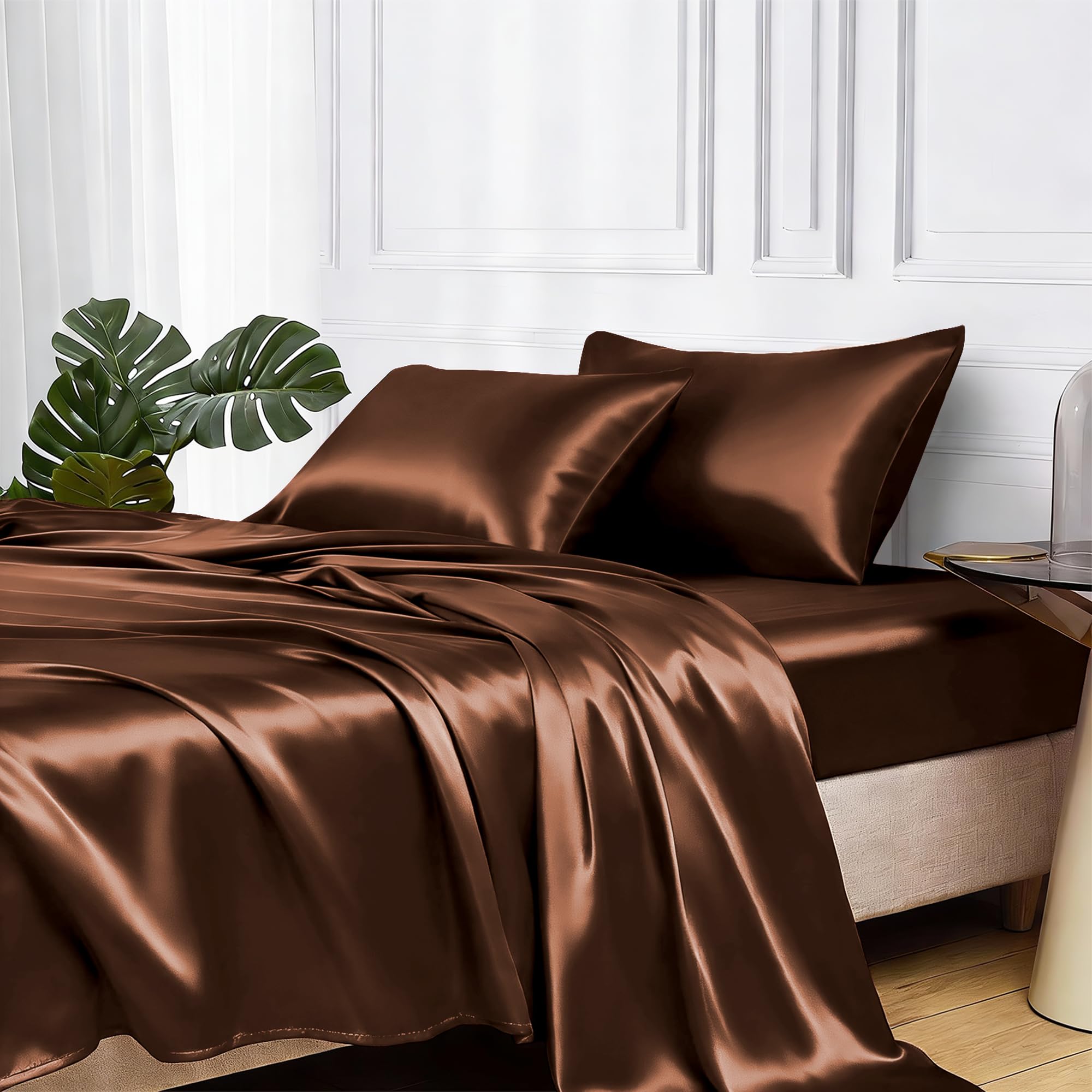 MR&HM Satin Bed Sheets, Twin XL Size Sheets Set, 3 Pcs Silky Bedding Set with 15 Inches Deep Pocket for Mattress (Twin XL, Brown)