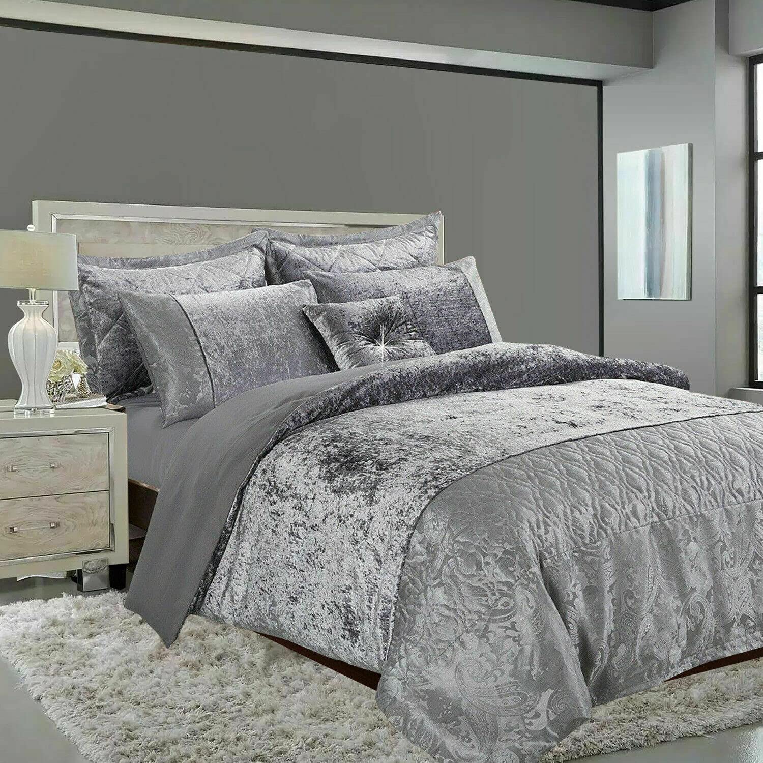 Luxury SANTIAGO Duvet Cover Set Crushed Velvet Double Super King Size (Silver)