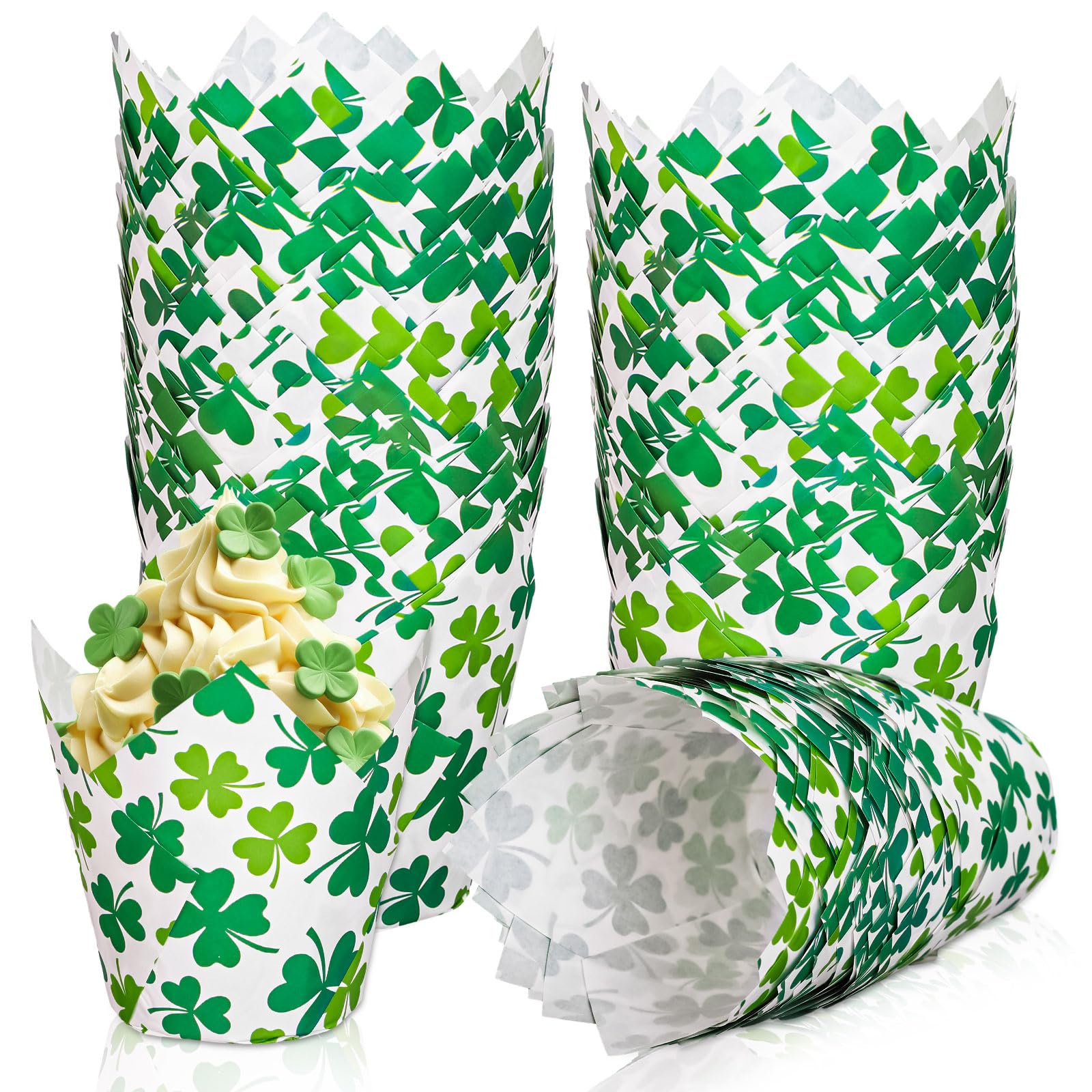 FYSUIMU 200Pcs St. Patrick's Day Tulip Cupcake Liners Green Shamrock Muffin Baking Cups Clover Cupcake Wrappers for Spring Irish Holiday Party Supplies