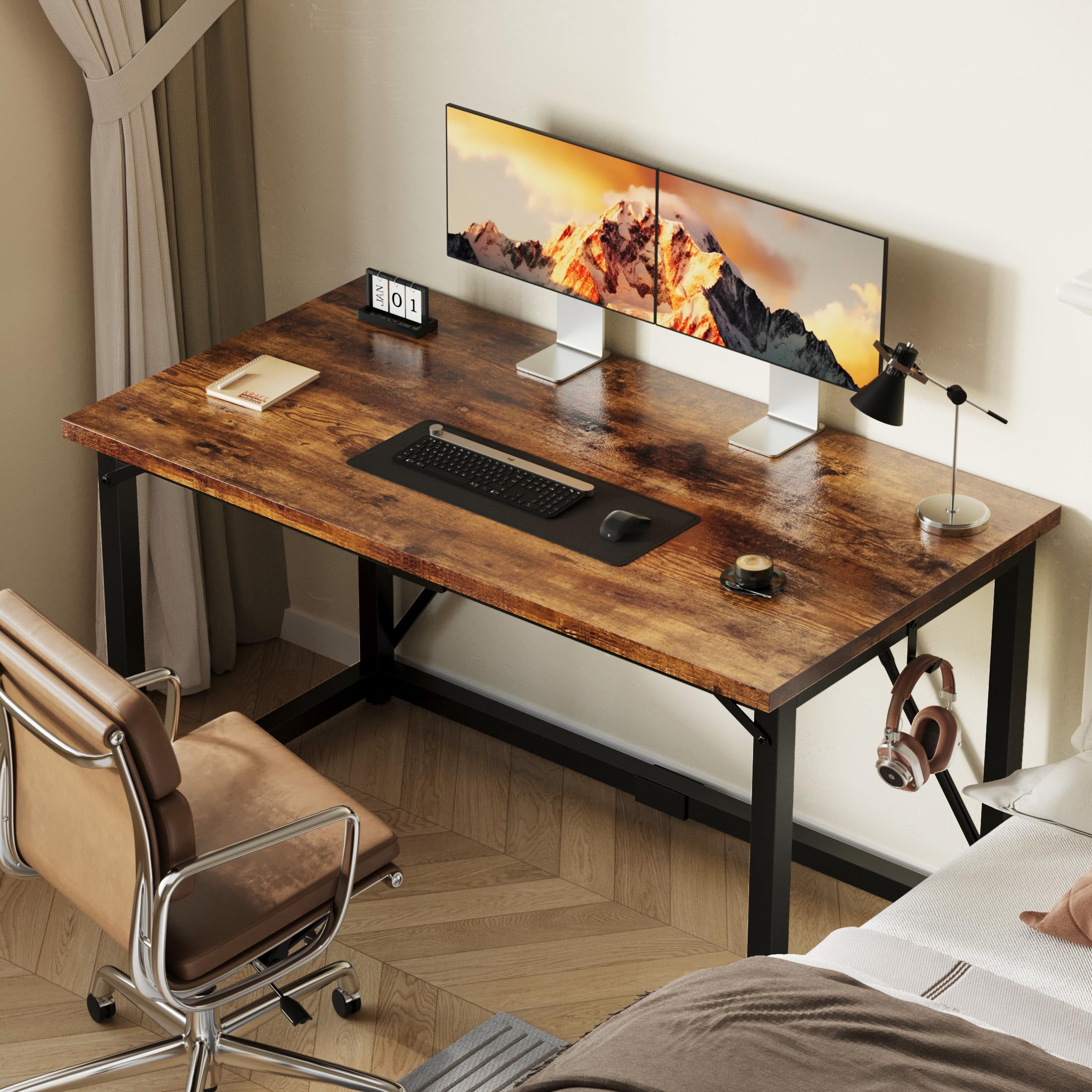 Devoko Schreibtisch Tisch 120x50x75 cm Computertisch Klein | Schreibtisch klein mit verstellbaren Füßen & Haken,60 kg Tragkraft für Homeoffice-Arbeitsflächen,Braun