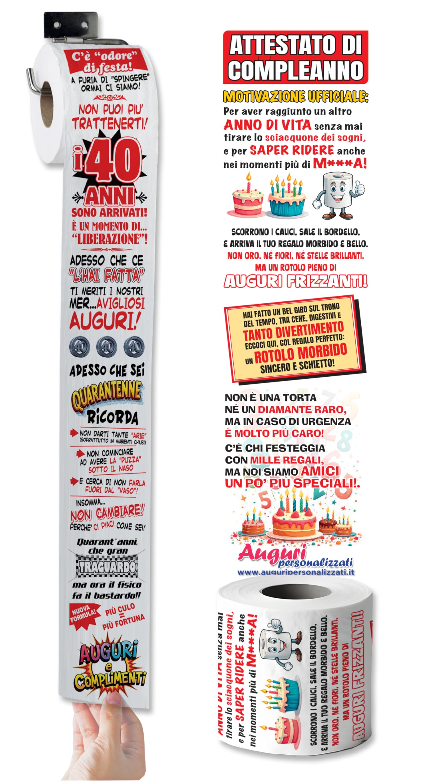 Carta Igienica Divertente 40 Anni – Rotolo Stampato a Colori con Fumetti e Attestato di Compleanno – Gag Regalo Uomo Donna per Festa 40° Compleanno