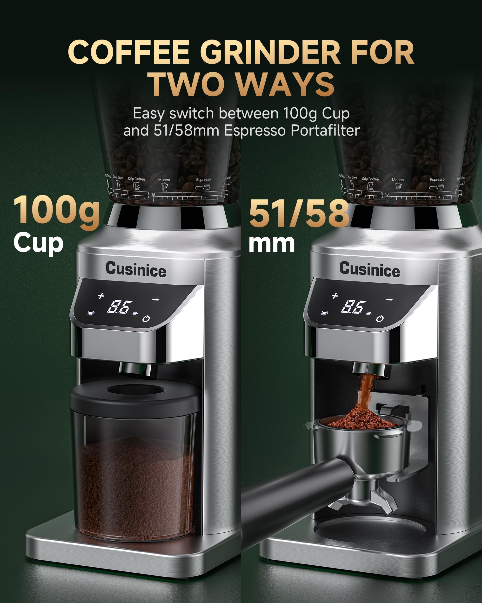 Stożkowy młynek do kawy do użytku domowego, antystatyczny młynek do espresso z 34 ustawieniami mielenia, zadzior ze stali nierdzewnej 40 mm, timer 0,1 s, uchwyt na portafilter, ekran dotykowy