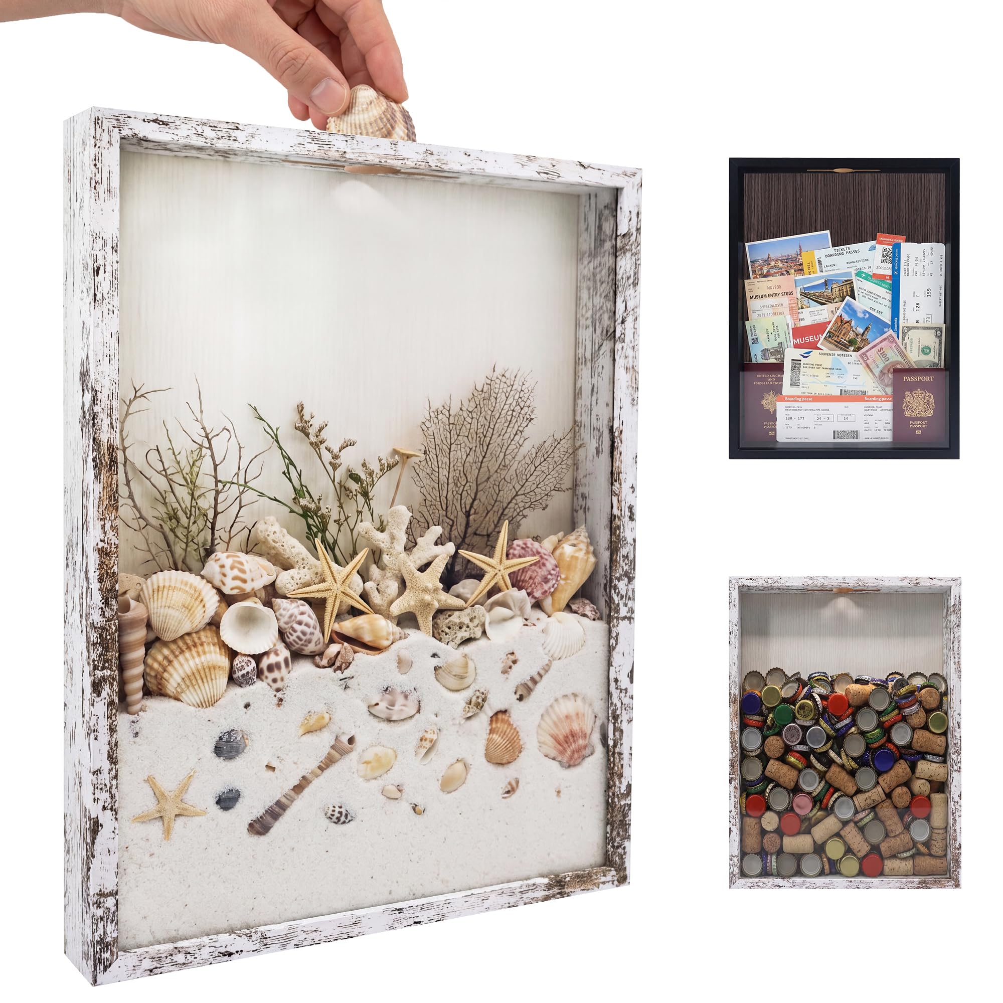 GraduationMall 12x16 Top Loading Shadow Box Frame with HD Glass,Wood Display Case with Slot,1.25 inches Interior Depth,Ideal for Wine Bottle Caps,Tickets,Shells,Stamps and More,White