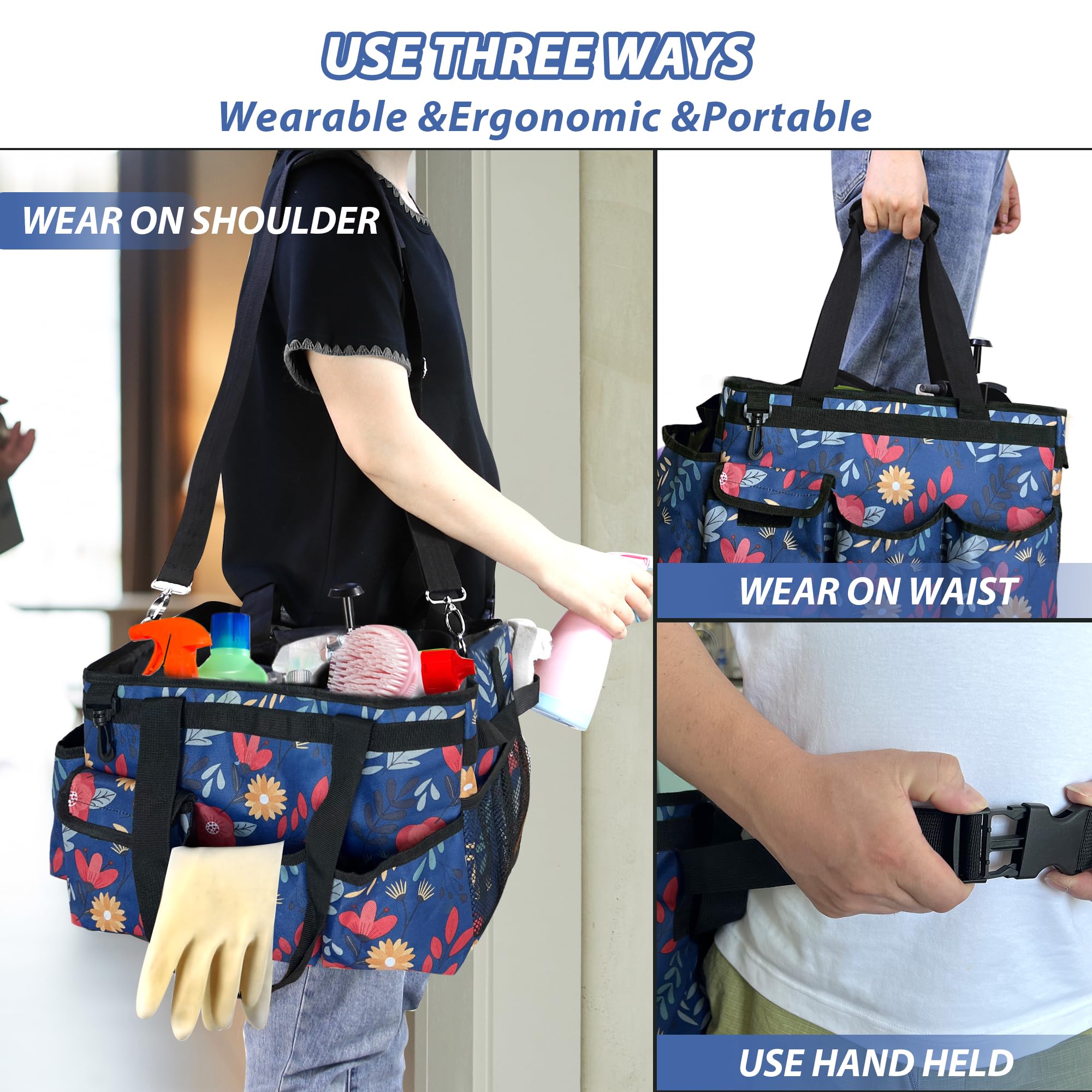 Borsa portaoggetti per la pulizia, organizer per la pulizia con manico, grande borsa per la pulizia di casa, auto e bagno, borsa per le pulizie con spallacci regolabili (blu)