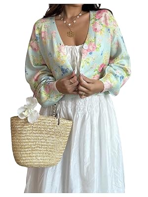 Floerns Womens Floral Cardigan Sweaters Bishop Sleeve Button Down Fall Outfit Cropped Cardigans