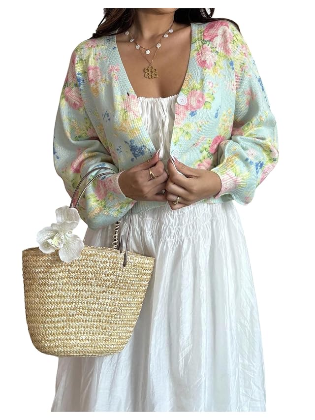 Floerns Womens Floral Cardigan Sweaters Bishop Sleeve Button Down Fall Outfit Cropped Cardigans
