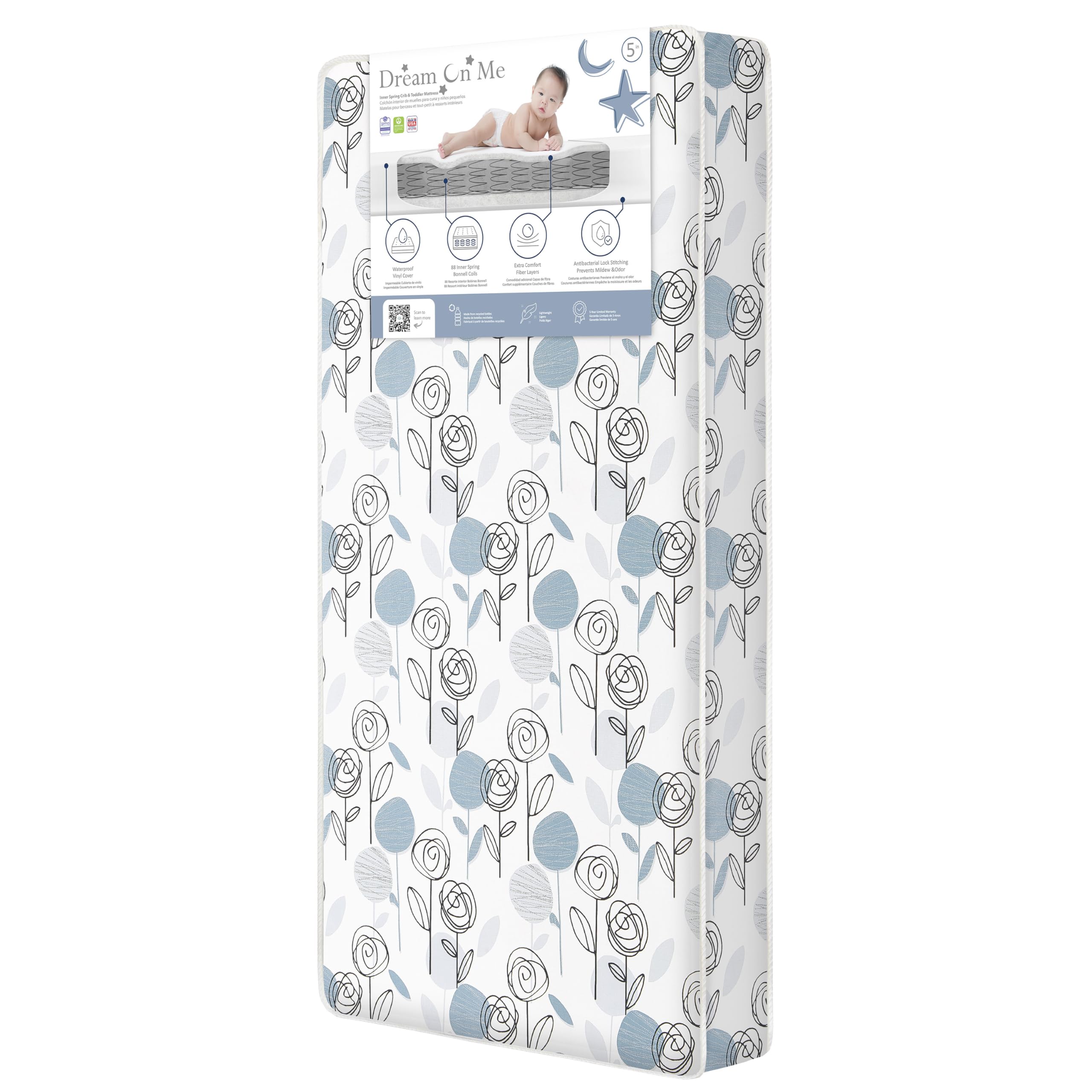 Photo 1 of Dream On Me Nap Nest Crib and Toddler Mattress, Dual-Sided - Infants & Toddlers, Waterproof 5” Mattress with 88 Interwoven Coils, 75% Recycled Fiber, GREENGUARD Gold & BSA Certified – Teal Flowers
