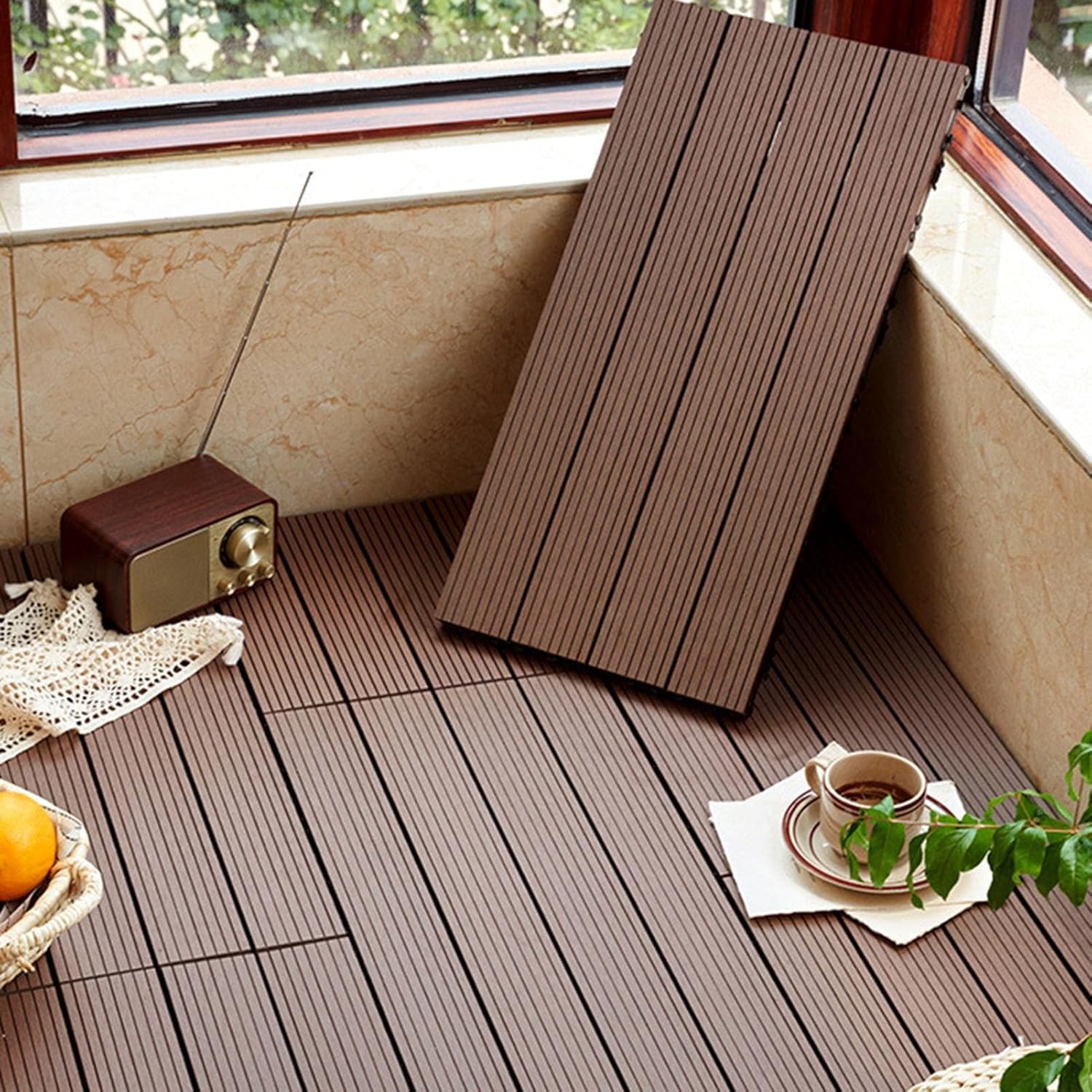 Dalles et lames de terrasse en composite, Carreaux de terrasse en bois emboîtables multicolores 12x12x0,8 pouces, paquet de 8(Light Coffee)