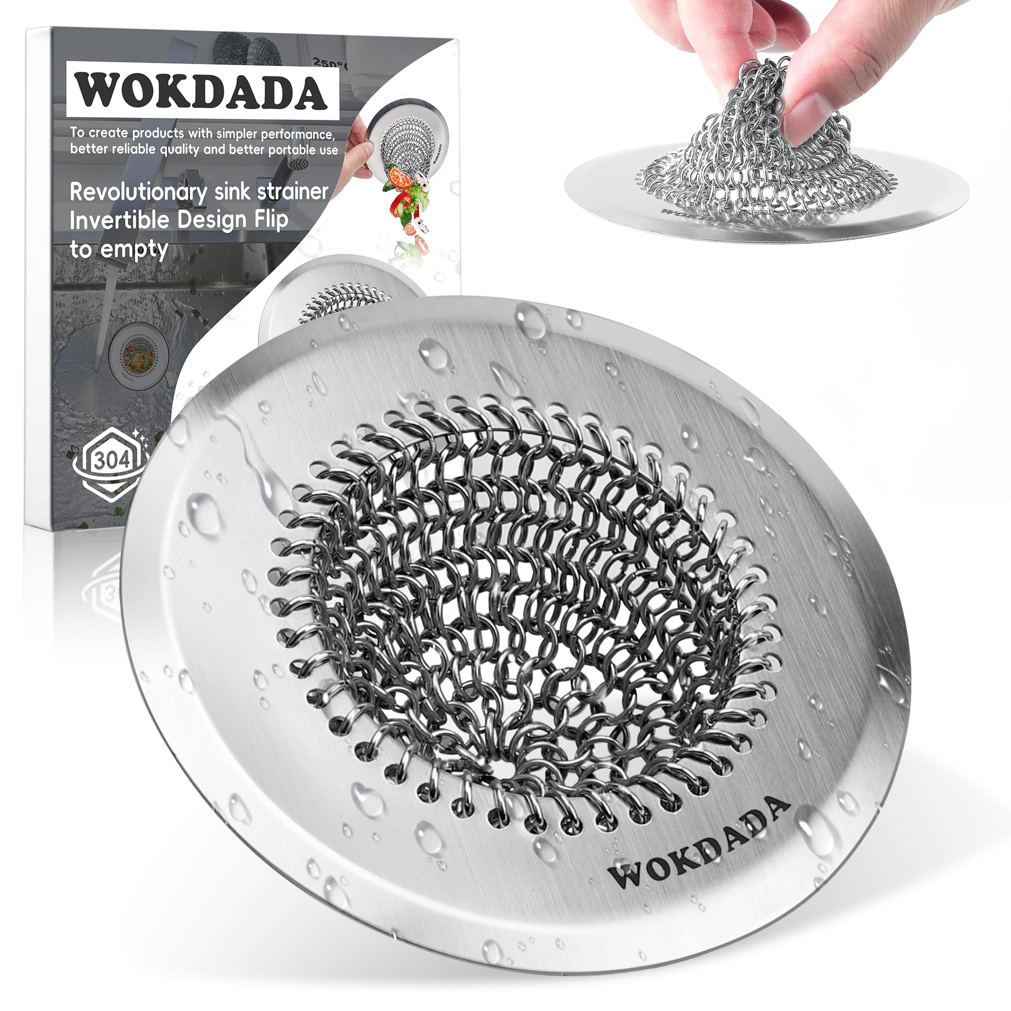 wokdada Revolutionary Kitchen Sink Strainer  Patented Reversible Sink Drain Strainer  Effortless Cleaning & Sink Food Catcher  No Clog  304 Stainless Steel Handmade Kitchen Sink Plug Strainer