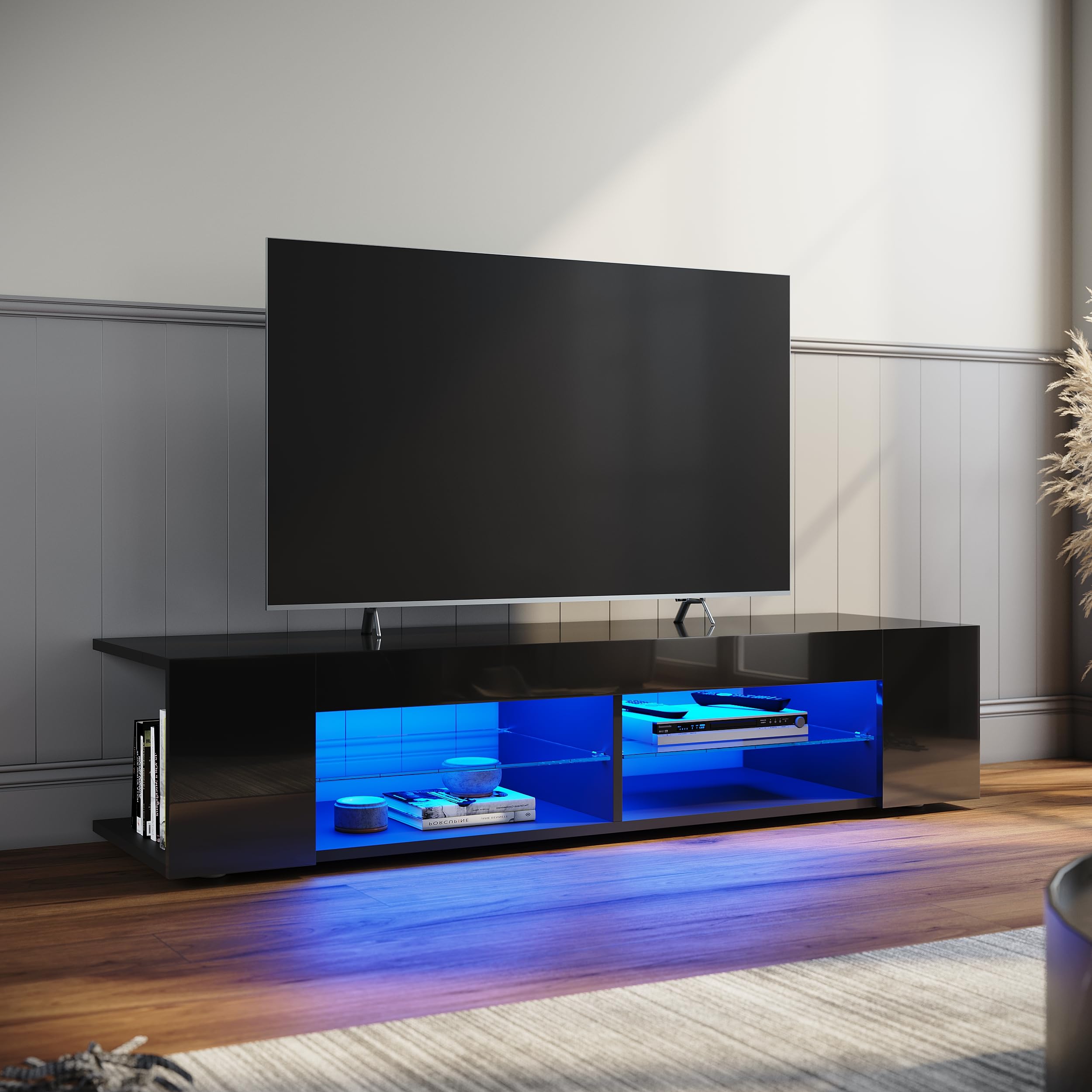 ELEGANT TV Stand Cabinet Unit with 16 RGB LED Lights, High Gloss Modern Black TV Stand with Open Glass Storage Shelves and 2 Rear Storage Compartments for Living Room, Bedroom 1350x390x300mm