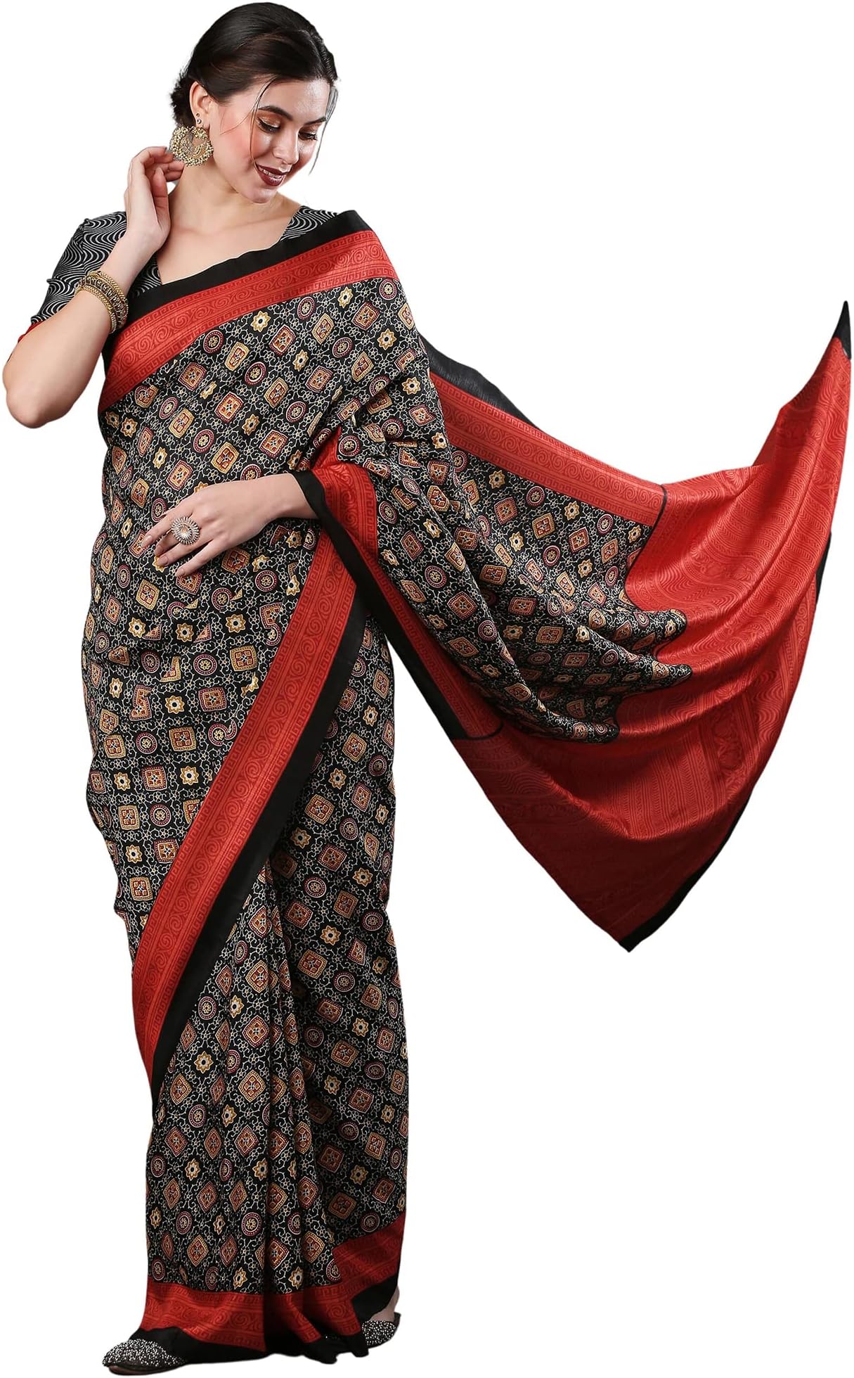 Women's Ajrak Block Print Dola Silk Saree With Unstitched Blouse Piece
