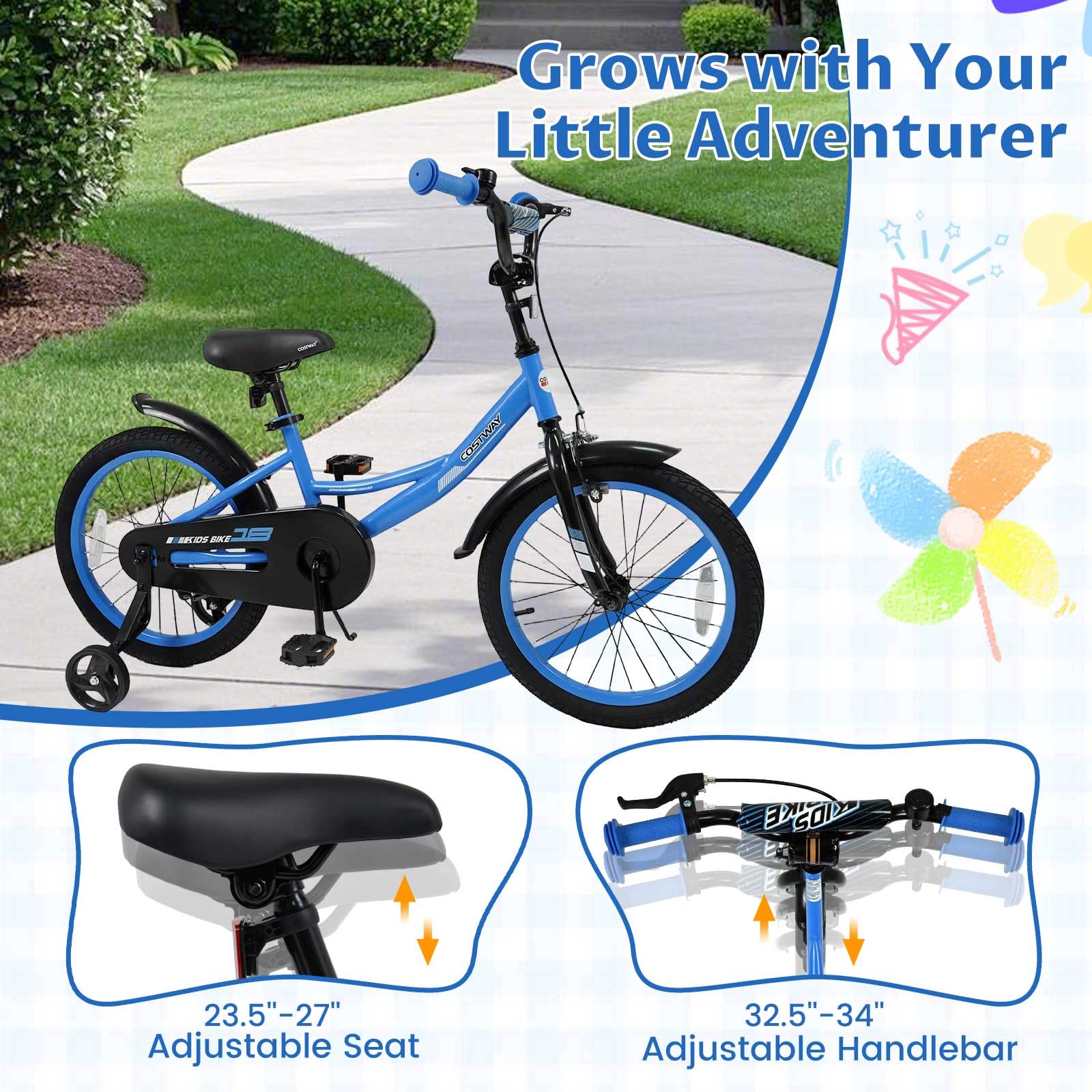 COSTWAY Kids Bike, 18 Inch Toddler Bicycle with Removable Training Wheels, Dual Brakes, Adjustable Seat & Handlebar Height, Girls & Boys Bikes for 3-8 Years Old (Blue,18 Inch with Kickstand)