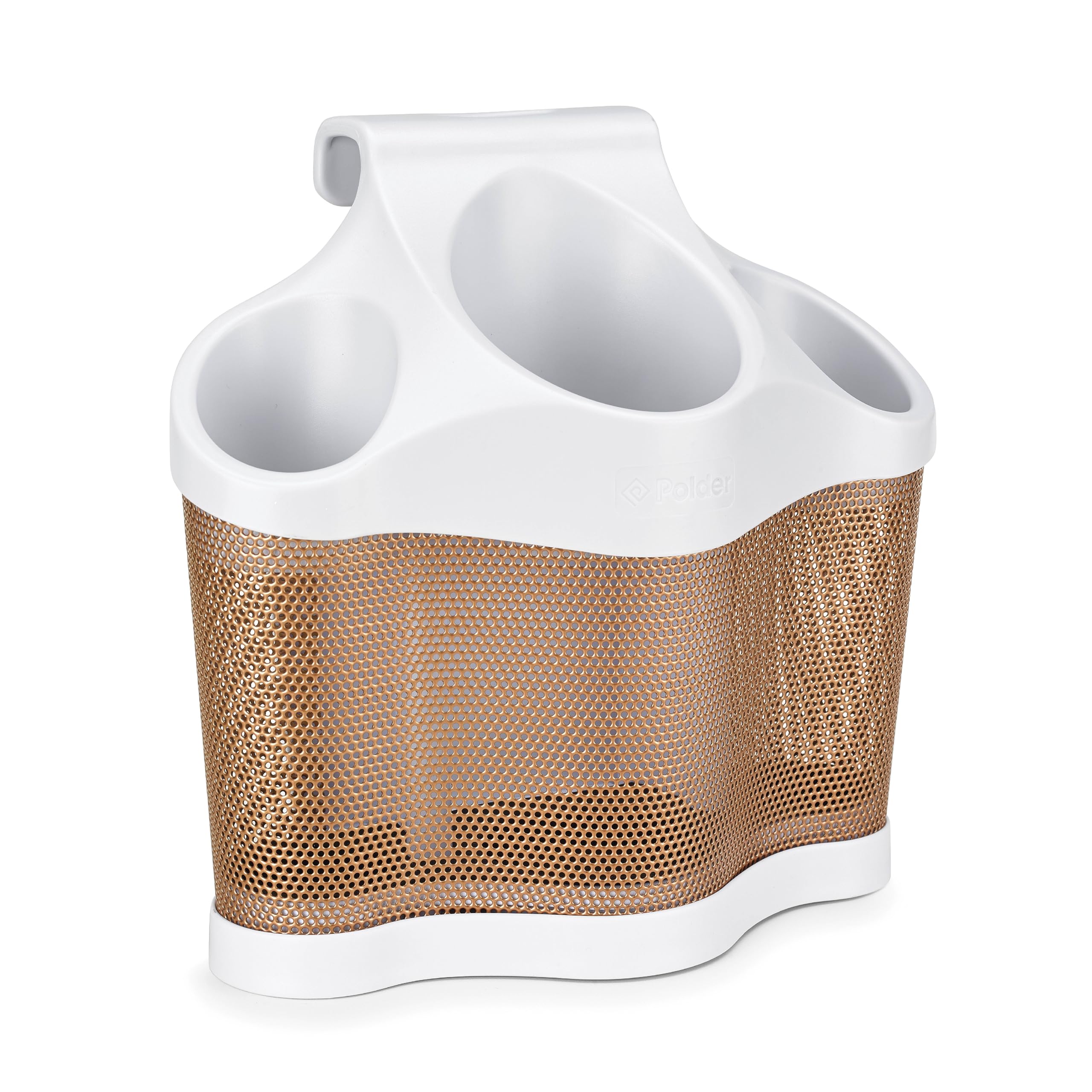 polder style station, tool organizer for hair dryer, curling iron, and straightener, easy-to-store hair styling station, white and copper