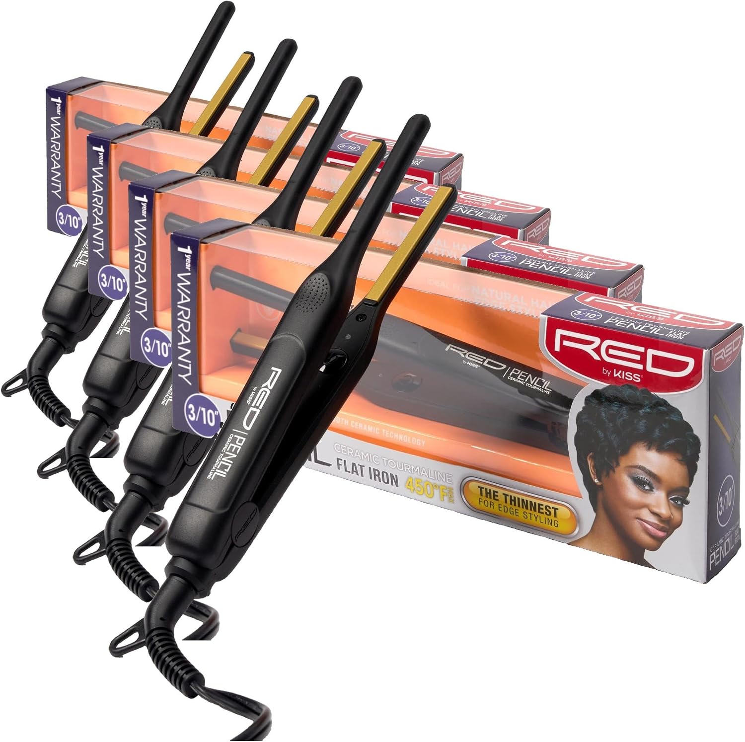 Red by Kiss 0.3 Inch Pencil Flat Iron,3/10" Ceramic Tourmaline Hair Straightener for Thin,Short Hair&Edge Styling,Fast 60s Heat Up to 450°F,Frizz Control Root Styling Wand,Tangle-Free,Black(Pack of 4)