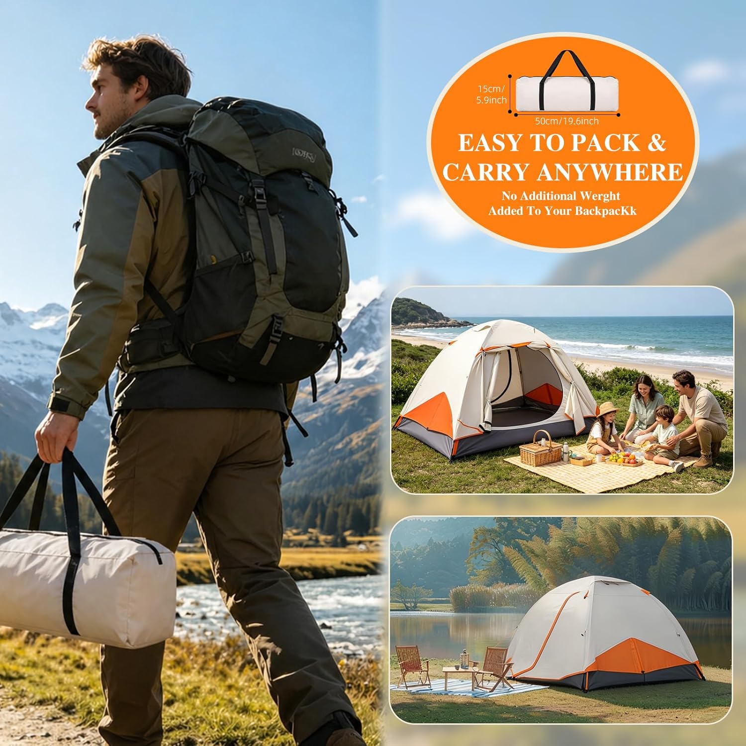Camping Tent with Aluminum Poles, 1-4 Person Lightweight Backpacking Tent Waterproof PU2000mm, Double Layer Easy Setup Tent with Removable Rainfly (Green, 1-2)