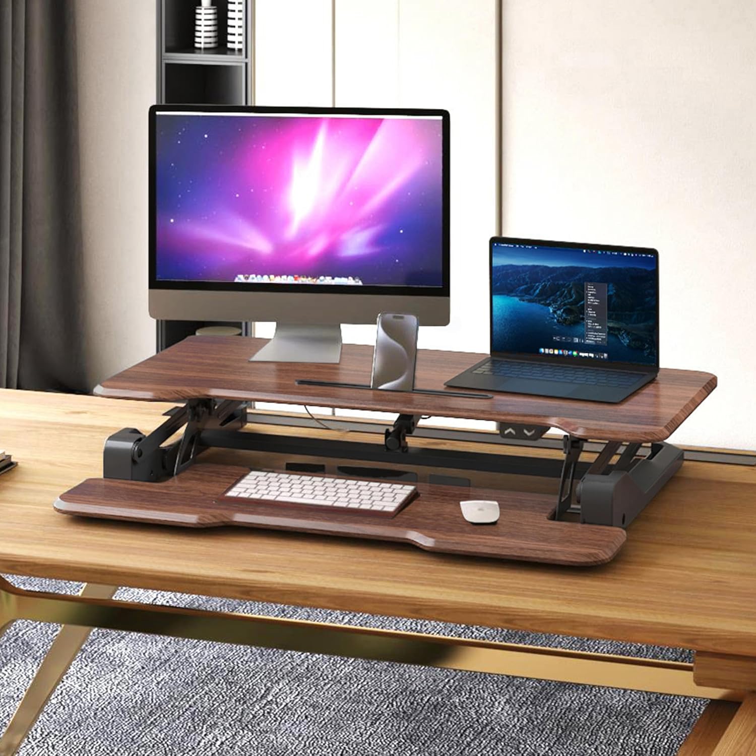 Mount-It! Electric Standing Desk Converter with 38" Tabletop, Height Adjustable Desk Riser, Motorized Desk Riser with Keyboard Tray and Device Slot, Fits Monitor & Laptop, Dark Walnut