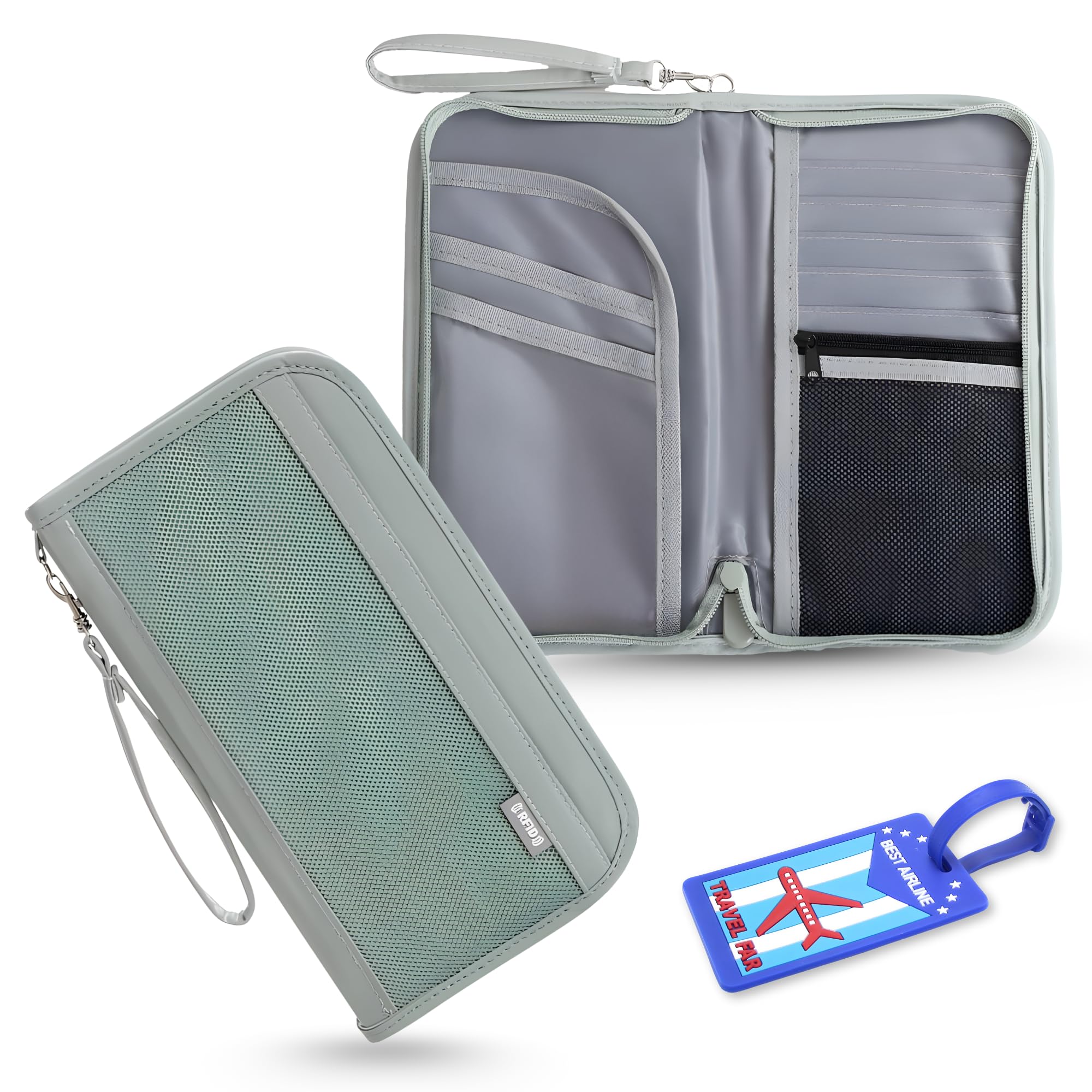 RFID Blocking Passport Holder for Travel with Luggage Tag, Passport Cover for Men & Women, Passport Pouch for Ticket, Cards, Documents - 25 x 14 x 3 Cm - Green