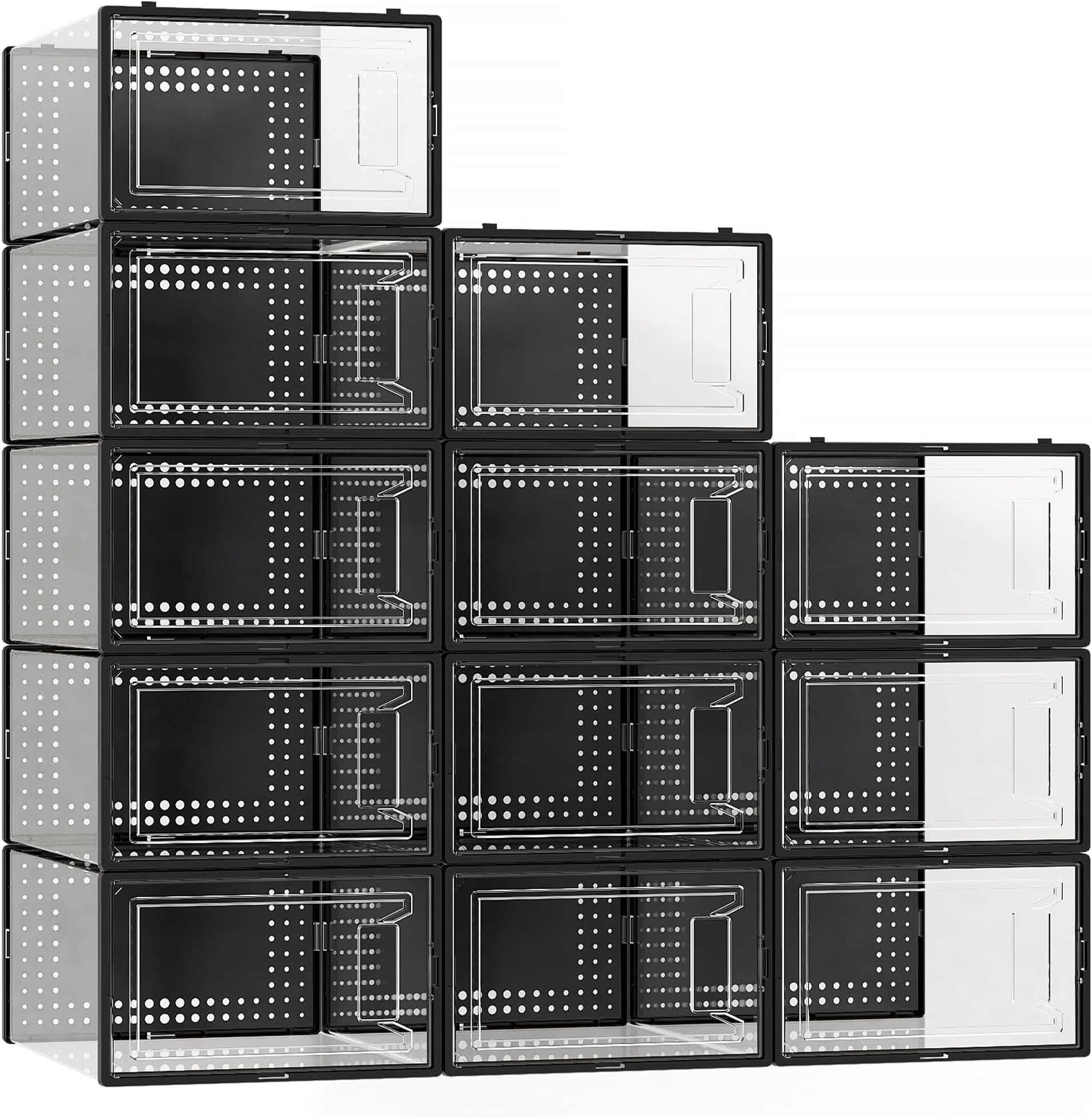 12 Pack X Large Shoe Storage Organizer for Closet, Modular Space Saving Shoe Boxes Clear Plastic Stackable Containers Display Case Bins with Lids, Black