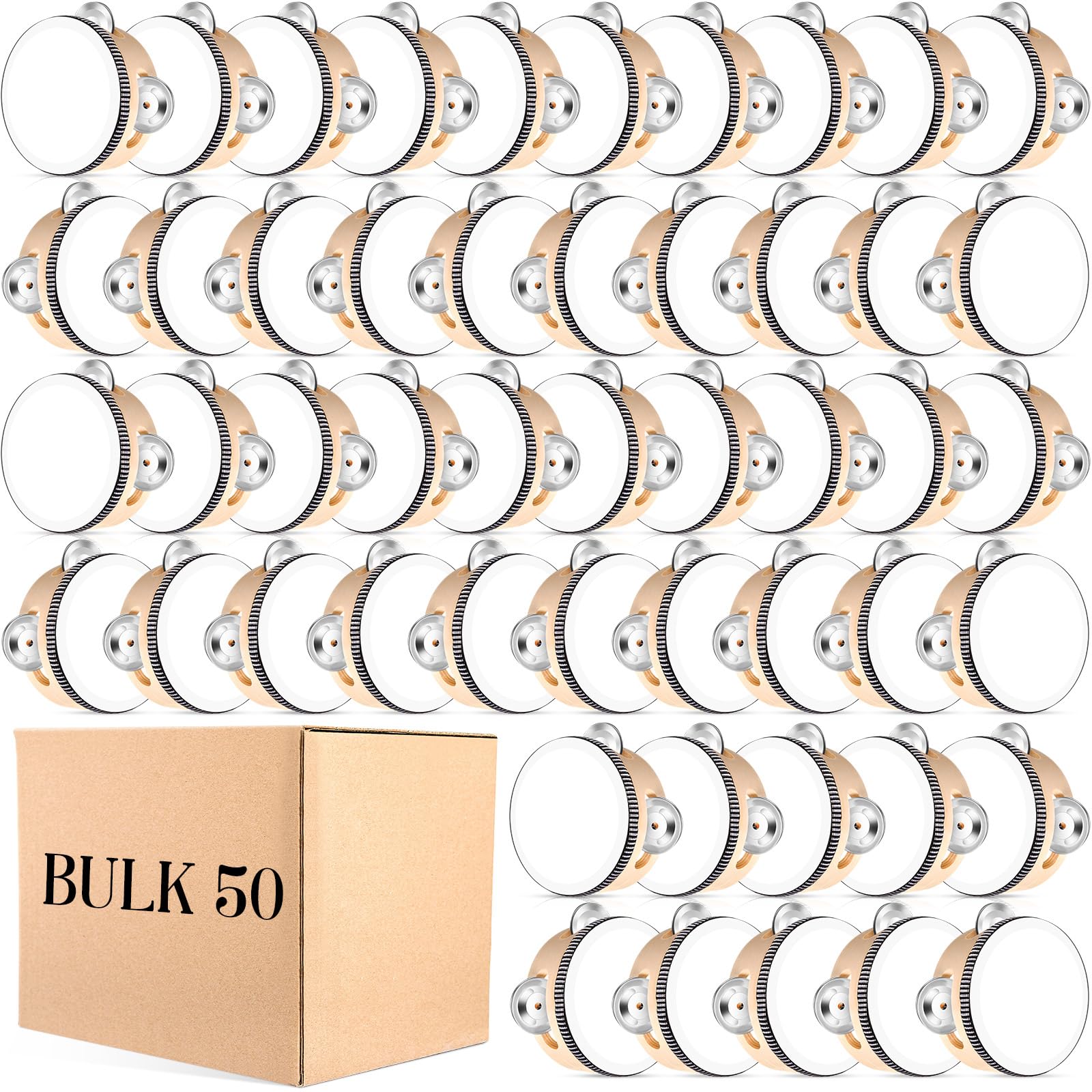 Photo 1 of Lukmaa 50 Pcs 4 Inch Wedding Tambourine Bulk Drum for Adults Hand Held Percussion Gift Wood Metal Jingles Musical Educational Drum Instrument for Church Wedding Party Favor