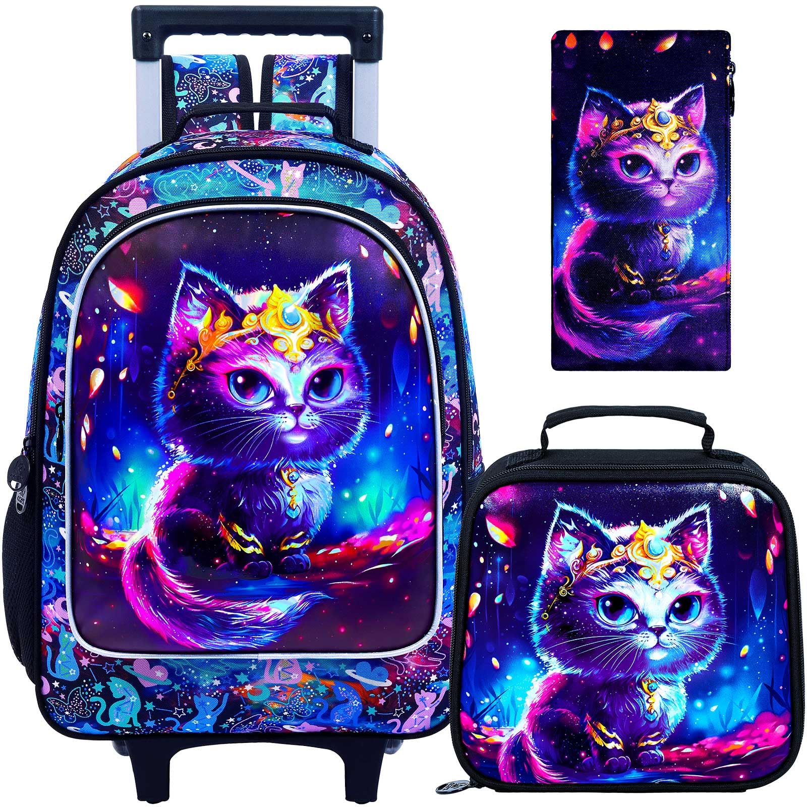 CCJPX 3PCS Rolling Backpack for Girls, Kids Cat Roller Wheels School Bookbag with Lunch Bag, Wheeled School Bag for Toddler Elementary Children