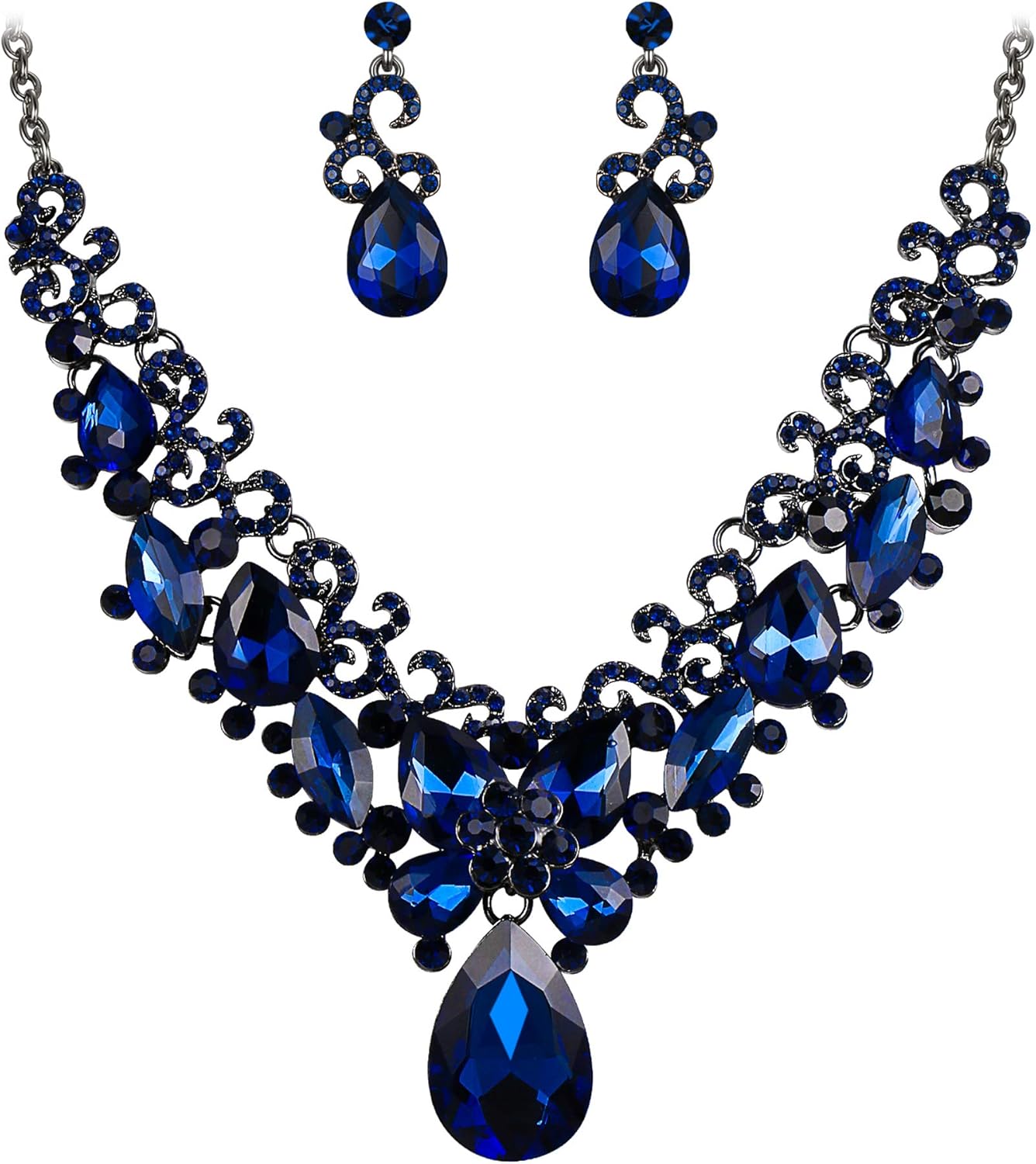 BriLove Women's Costume Fashion Crystal Teardrop Marquise Butterfly Filigree Enamel Statement Necklace Dangle Earrings Set