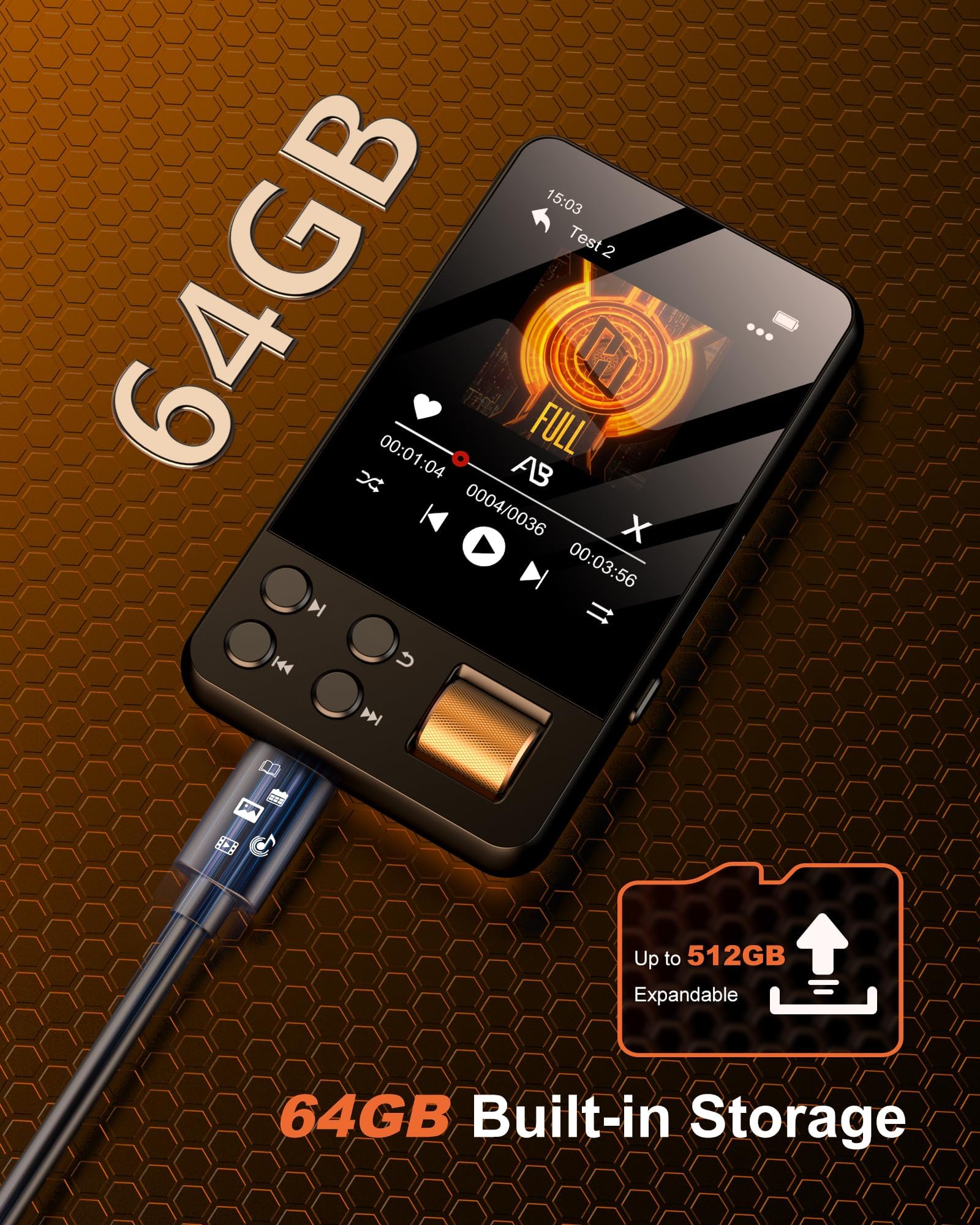 64GB MP3 Player Bluetooth 5.4 mit Kopfhörer, MP3 Player Kinder mit 2.4 Zoll Touchscreen, Musikplayer Audible mit Musikwiedergabe, Sprachrekorder, HiFi-Sound