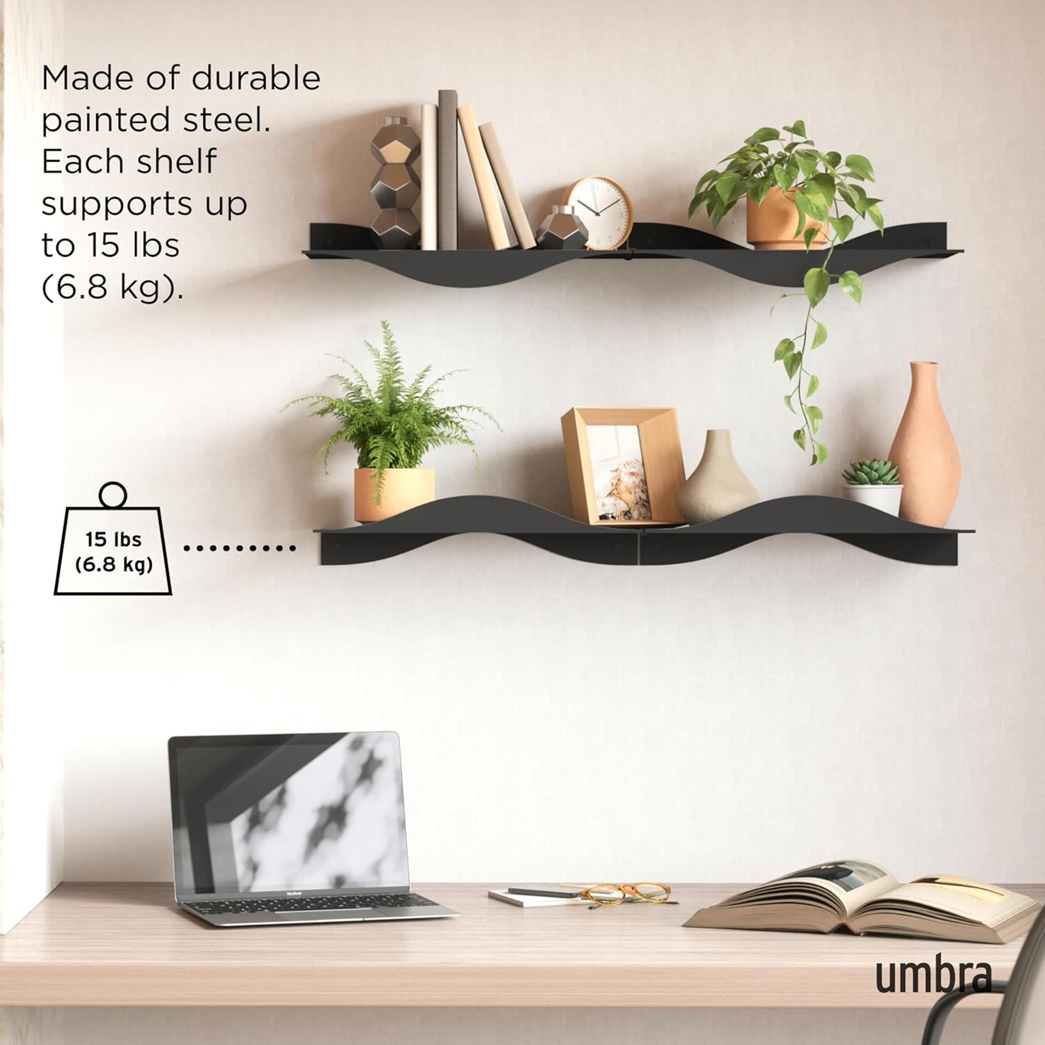 Umbra Surf Shelf Set of 2 – Black Metal Floating Shelves for Wall Storage & Décor, Modern Wave Design, 100% Steel, Holds 15 lbs. Each, Easy Installation Shelving for Bedroom, Living Room & Office