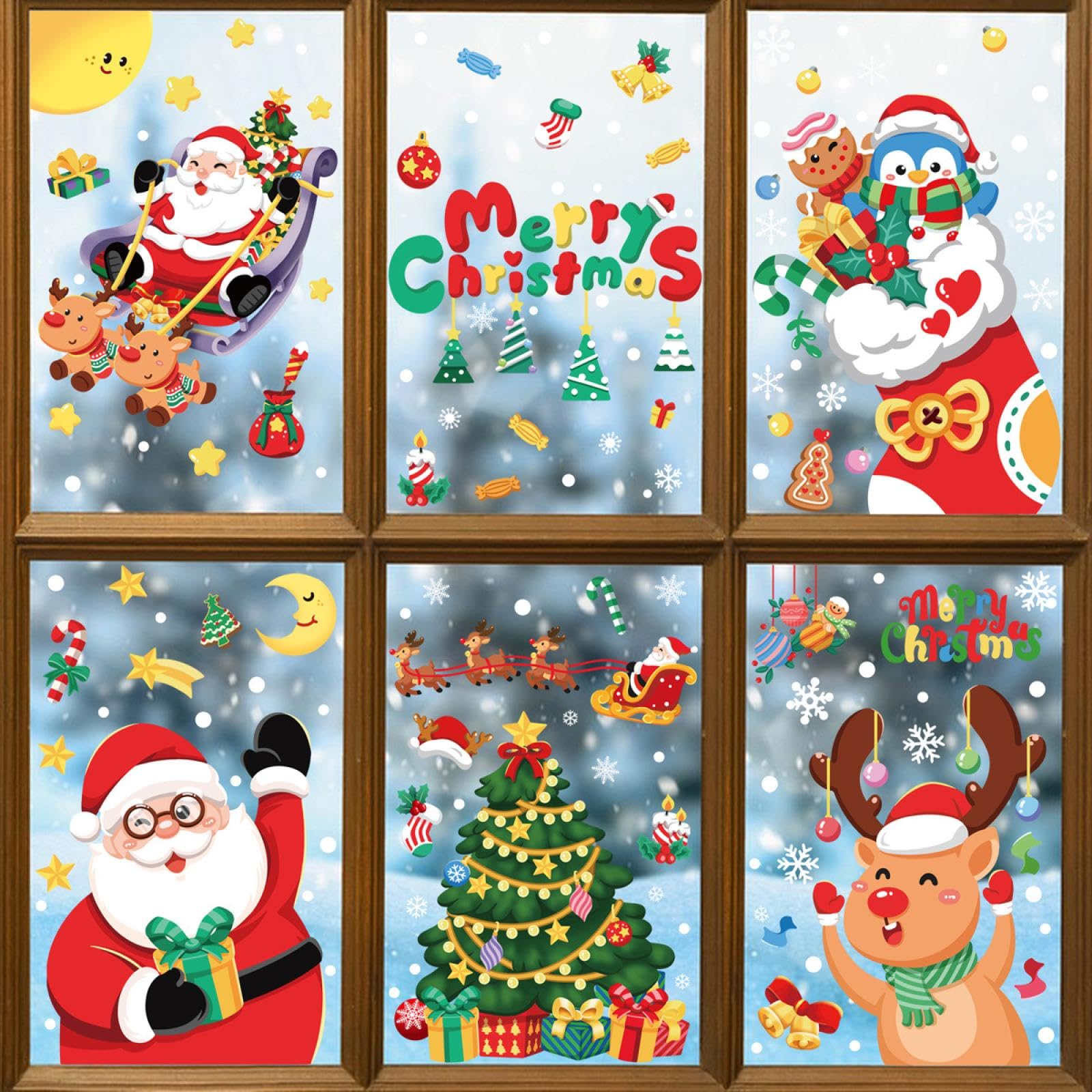 Ladlebroom Christmas Decoration Snowflake Stickers, Santa Claus, Elk, Snowman Static Stickers, Merry Christmas Window Stickers