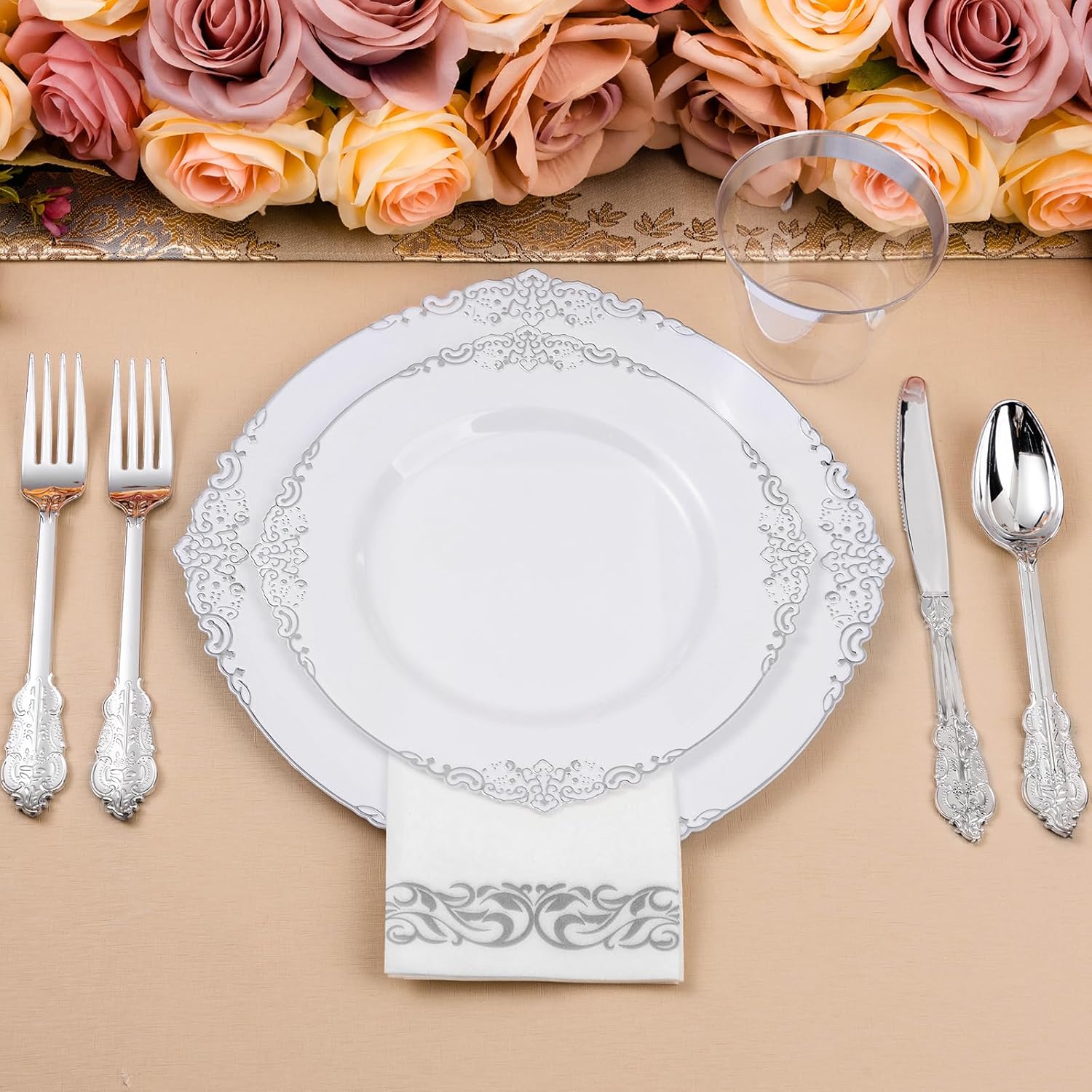 350PCS Silver Plastic Plates for 50 Guests, Disposable Dinnerware Set Includes 100 Disposable Plates, 150 Silver Silverware, 50 Cups, 50 Napkins for Party & Wedding - Image 6