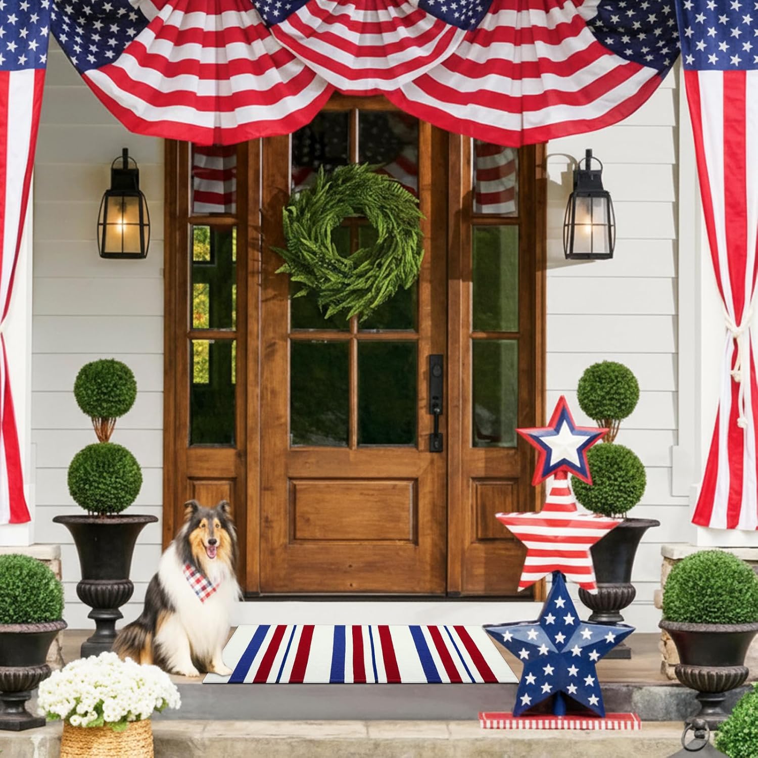 Duraaamo Patriotic Door Mat 250th Anniversary Blue Red White Stripe Doormat USA Memorial Day Welcome Mat Outdoor Rug 24 x 35 Inch Washable Front Porch Entryway Layering Rug for Farmhouse 4th of July