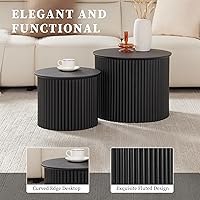 Vista 6 de AVZEAR Juego de 2 mesas de centro redondas anidables, mesa de centro pequeña acanalada, mesa lateral circular, mesas anidables de madera