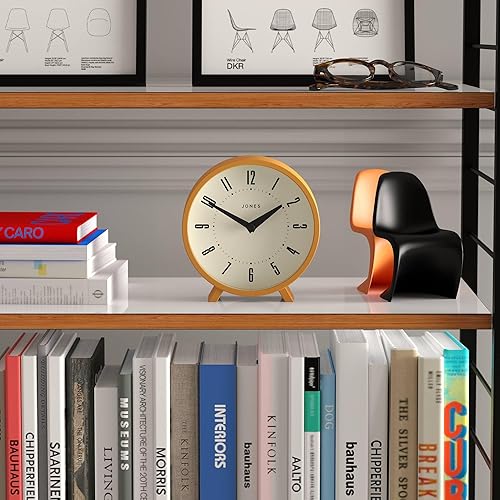 Miniatura 3 de JONES CLOCKS Reloj de escritorio Venus Diseño redondo moderno Amarillo mostaza Elegante aspecto retro para estante, mesa, mantel o mesita de noche
